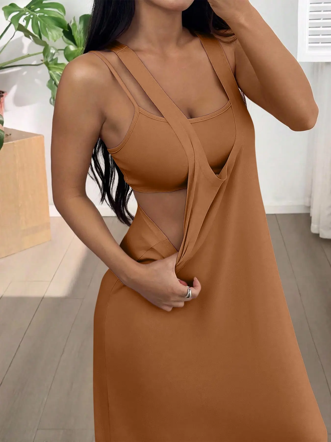 Two-Piece Layered Sleeveless Long Women's Dress, Square Neck Inner Strap, Side Hollow Out Back Belt, Breathable Knit Casual Chic Sleeveless Home Vacation Dress