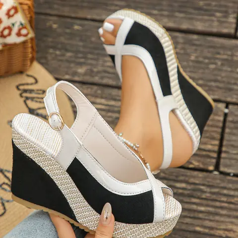 Women's Thick Sole Wedge Sandals, Peep Toe Wedge, Fish Mouth Open Toe, Adjustable Strap, Waterproof Summer Shoes, Casual Daily Wear, Vacation, Date Night