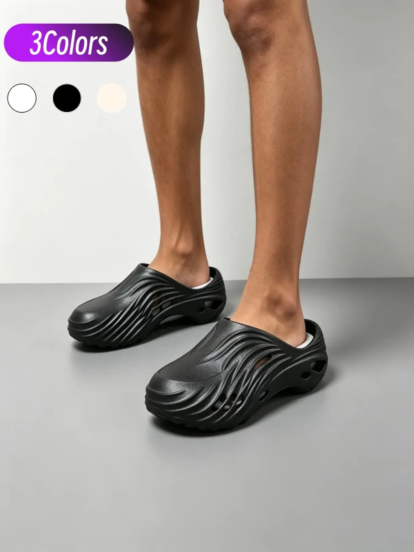 1 Pair Mens Wave Thick Sole Comfort Closed Toe Clogs Minimalist Retro Style Multi Drain Holes Anti Slip Sole Commute Casual Slides