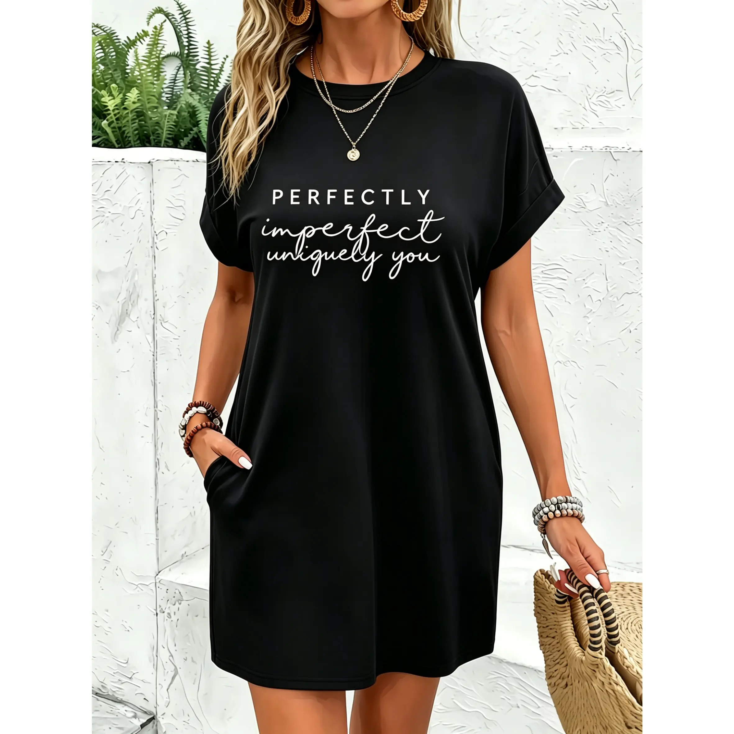 Women's Cotton Graphic Print Short-Sleeve Dress - Casual, Loose-Fit, Soft, Breathable, Pocketed, Inspirational Quote Design for Daily & Vacation Wear