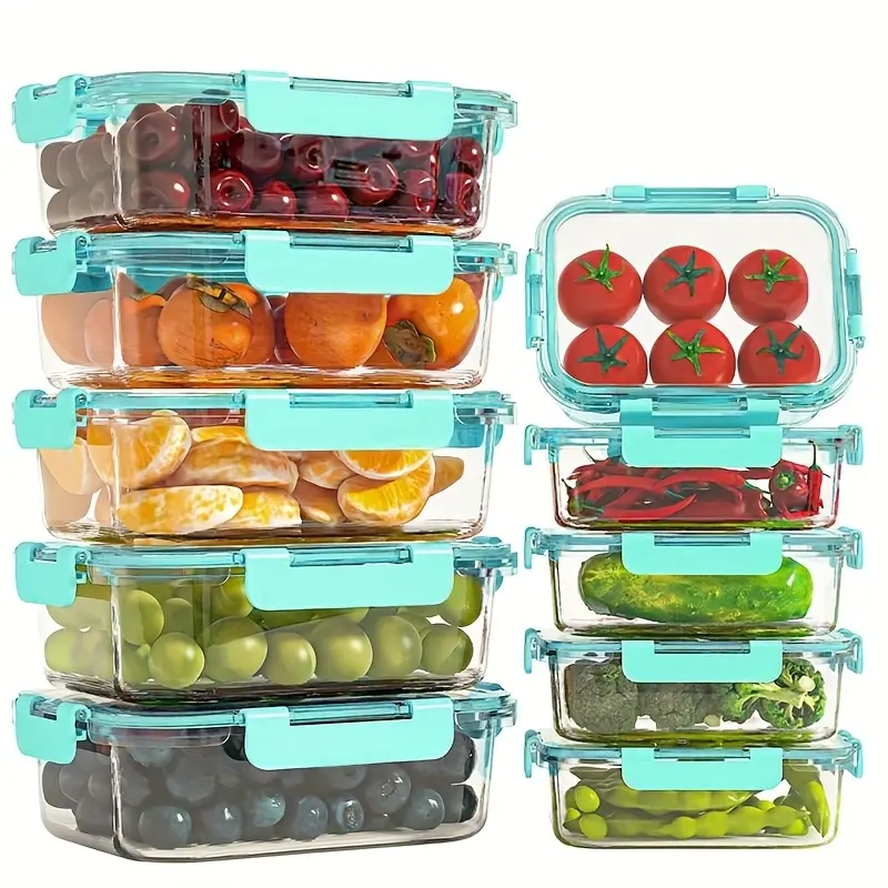 10 Piece Glass Food Storage Containers with Lids Airtight Leakproof Meal Prep Containers for Kitchen Pantry Lunch Bento Boxes Microwave Oven Freezer Dishwasher Safe