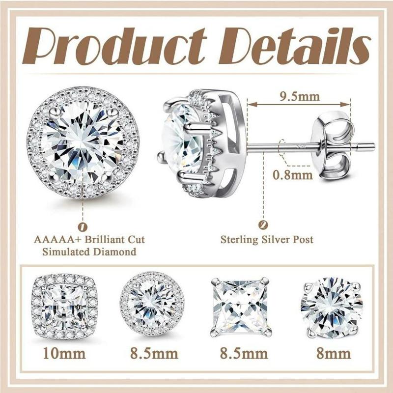 FINREZIO 4 Pairs Cubic Zirconia Stud Earrings White Golden Hypoallergenic Earrings Brilliant Large Halo Stud Earrings for Women Men Daily