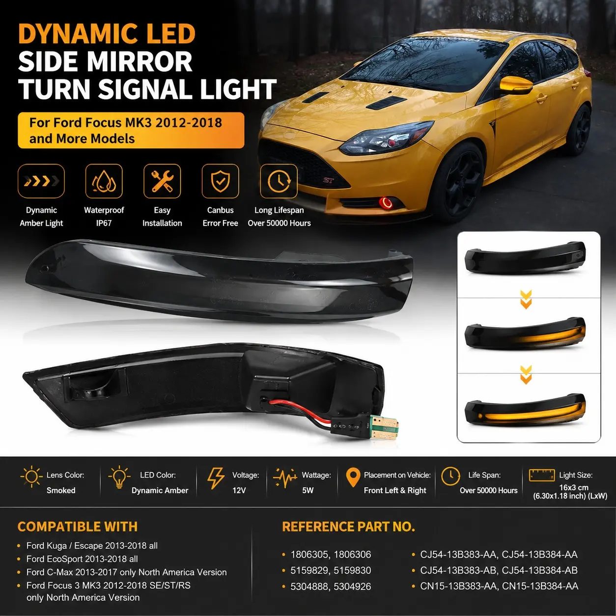 💡🚗2PCS Dynamic LED Side Mirror Turn Signal Lights for Ford Focus MK3 2012-2018, Escape/Kuga 2013-2018, EcoSport 2013-2018, C-Max 2013-2017 Smoked Lens Sequential Amber LED Mirror Indicator Plug & Play