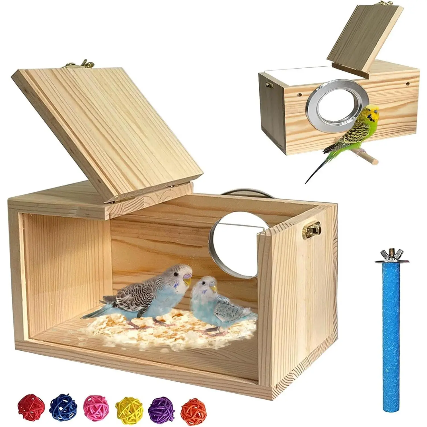 Natural Wooden Transparent Parakeet Nesting Box, Parrot Breeding Nest Box with Perch Natural Bird House for Cage, Suitable for Lovebirds Cockatiels Canaries