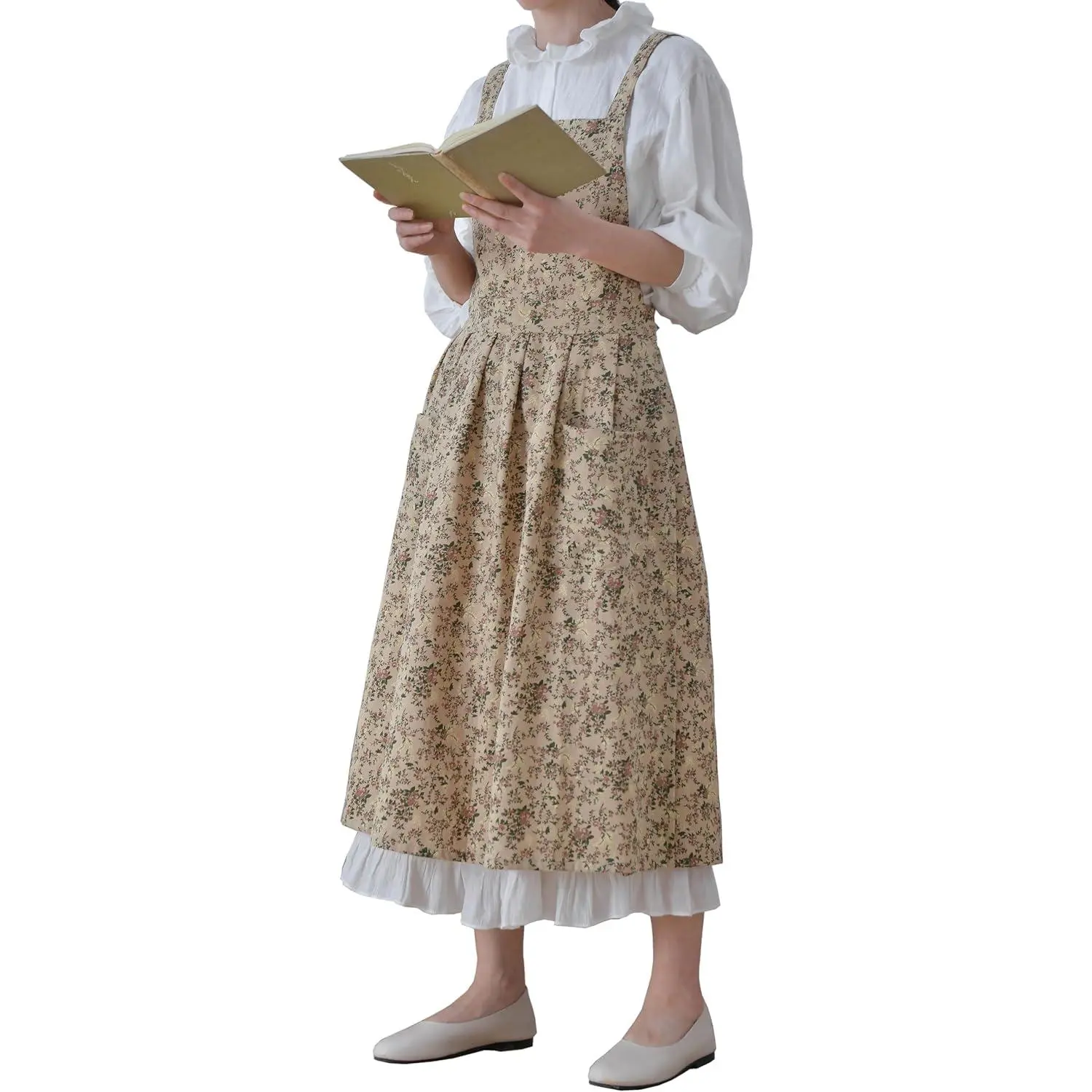 Japanese Cotton Linen Cross Back Work Apron for Women with Pockets Pinafore Dress Smock