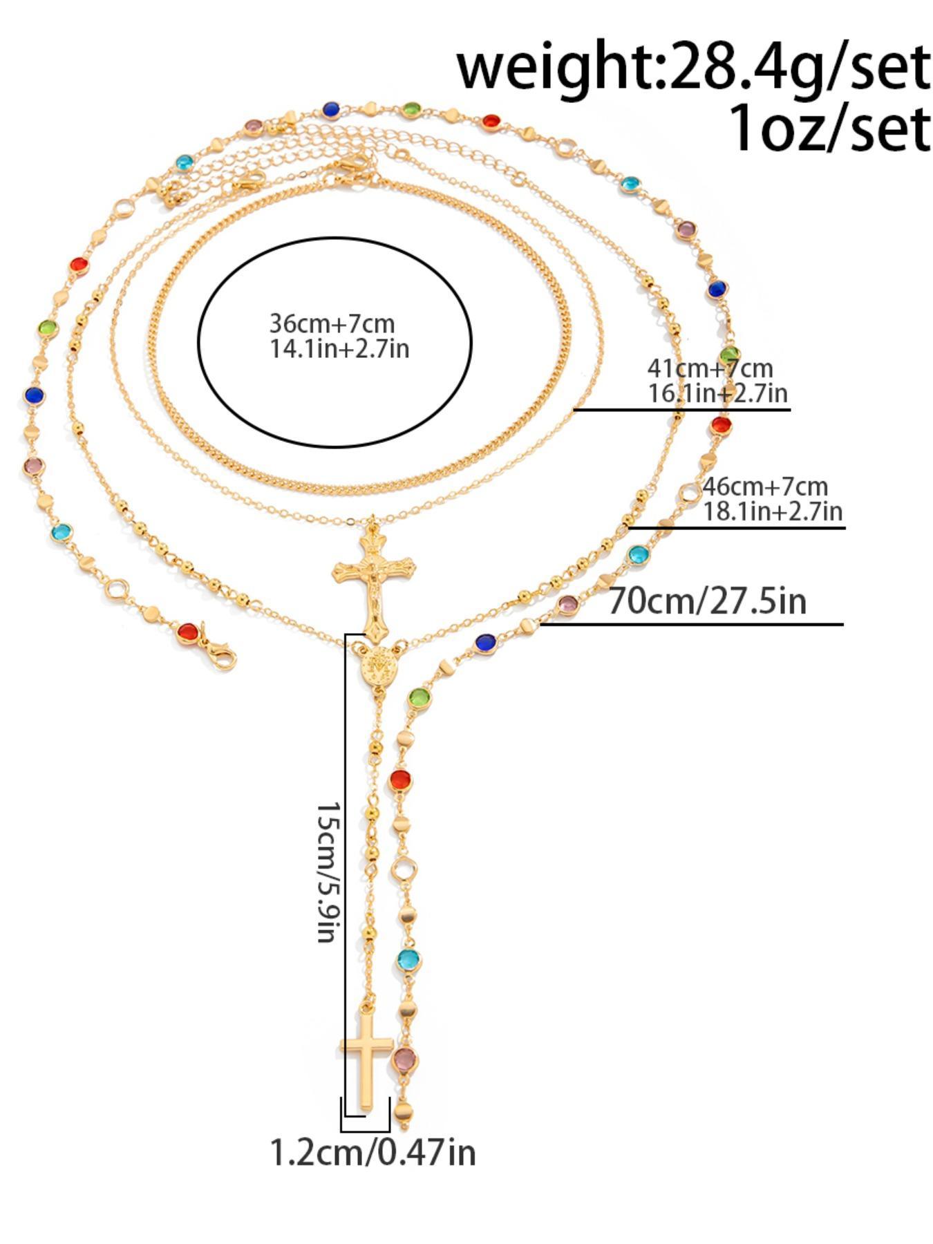 4 Piece Set Vintage Metal Jesus Cross Y-Style Long, Bohemian Style Boho Chic Colorful Crystal Glitter Cross Pendant Jewelry, Perfect Fashion Gift for Women