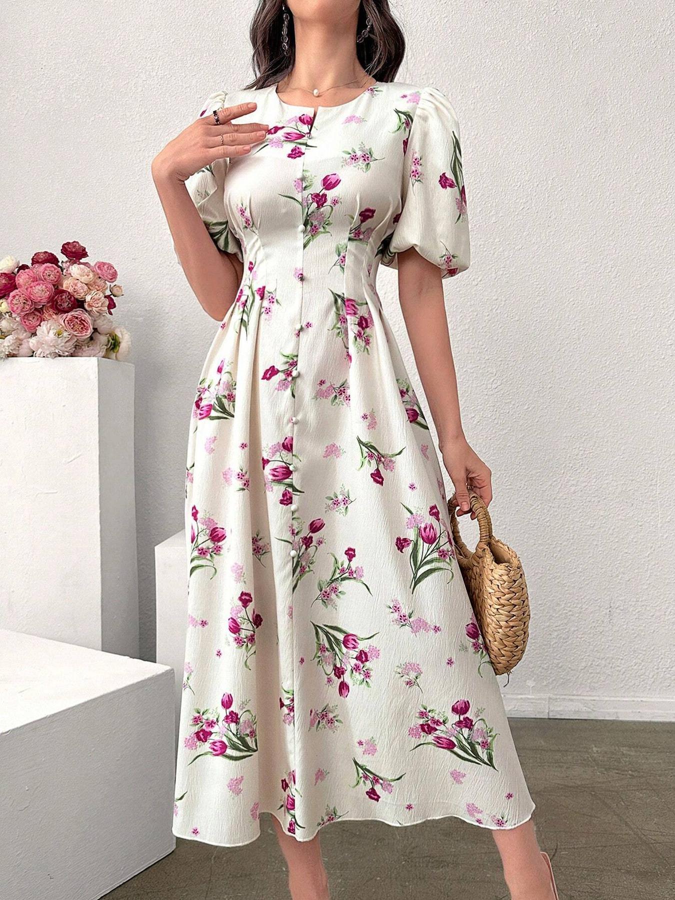 Women's Floral Print Puff Sleeve Dress, Elegant Short Sleeve A Line Dress for Party Holiday Wedding Guest, Ladies Clothes for All Seasons, Womenswear, Shortsleeve, Formal Dresses Women, Wedding Gown