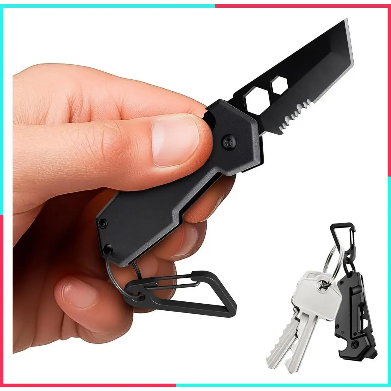 Mini Black Keychain Knife with Carabiner - 1.3" Tanto Serrated Blade - 6-in-1 Multitool with Bottle Opener, Box Cutter & Liner Lock - EDC Folding Pocket Knife