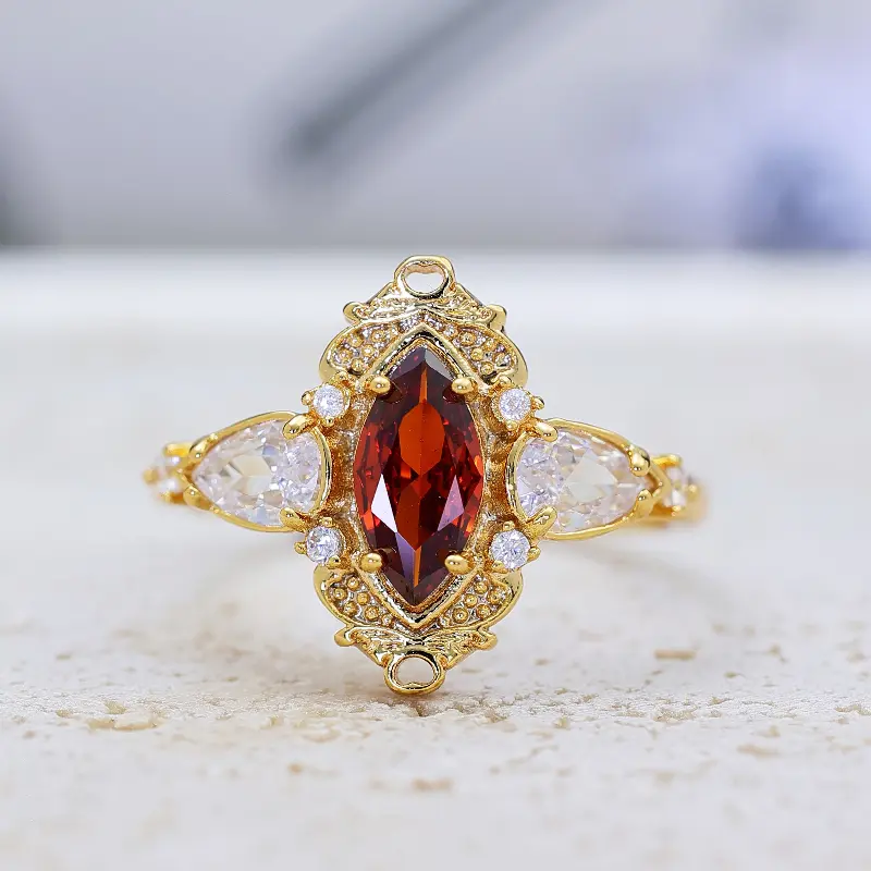 Luxury Golden-Tone Anniversary Ring for Women, Vintage Marquise Cut Red Statement Band with Intricate Details, Elegant Bridal Jewelry Gift for Weddings, Parties & Special Occasions