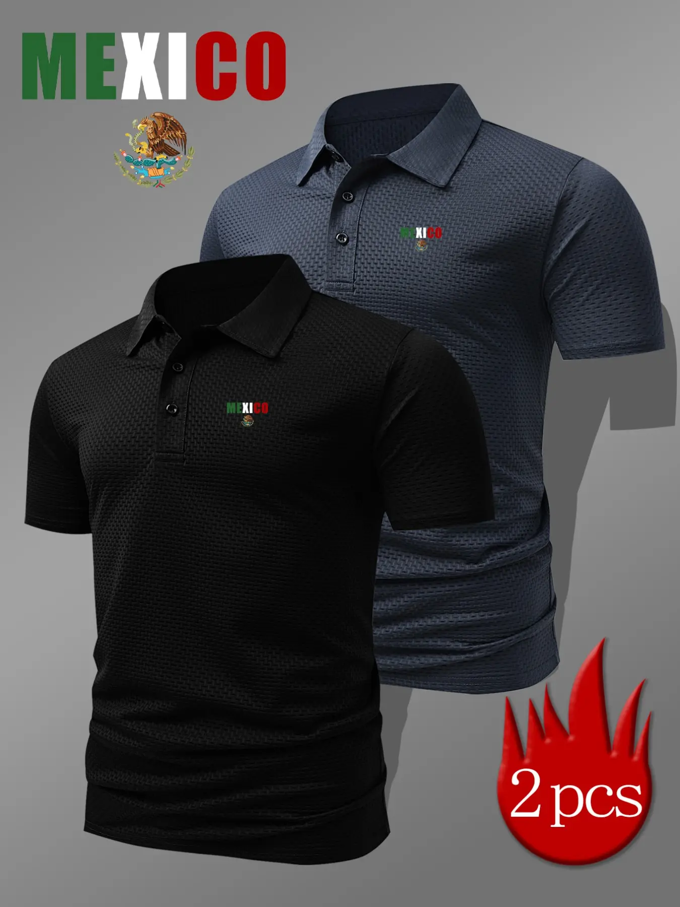 Men's Mexican Logo Print Polo Shirt, Elastic Casual Breathable Four Seasons Wear, Comfortable Durable High-End Polo, 2-Pack