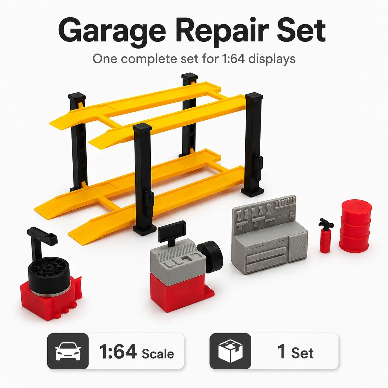 1:64 Car Model Garage Set, Mini Elevator Repair Station Accessories, Alloy Car Scene Decor, Workshop Display Props, Scale, Collectible