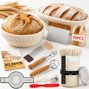 Sourdough Starter Kit - Banneton Proofing Basket 9 Inch Round & 10 Oval, Complete Sourdough Bread Baking Supplies with Starter Jar, Bread Sling, Lame, Danish Dough Whisk, Bags