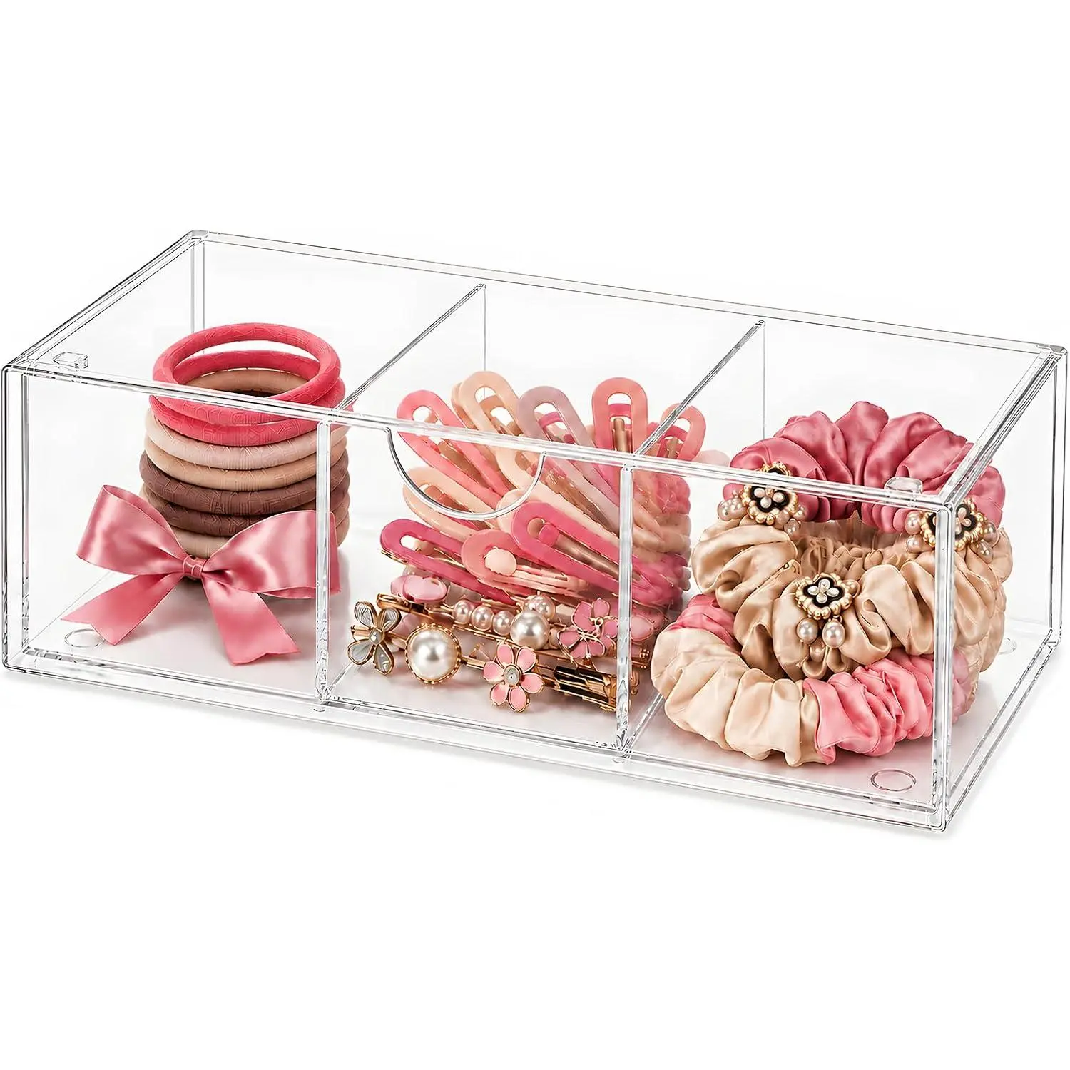 Hair Accessories Organizer for Girls with Drawer Box and Removable Divider | Small Clear Hair Storage Organizer for Bow Tie Clip Scrunchie Bobby Pin, Stackable  Container Holder for  Women