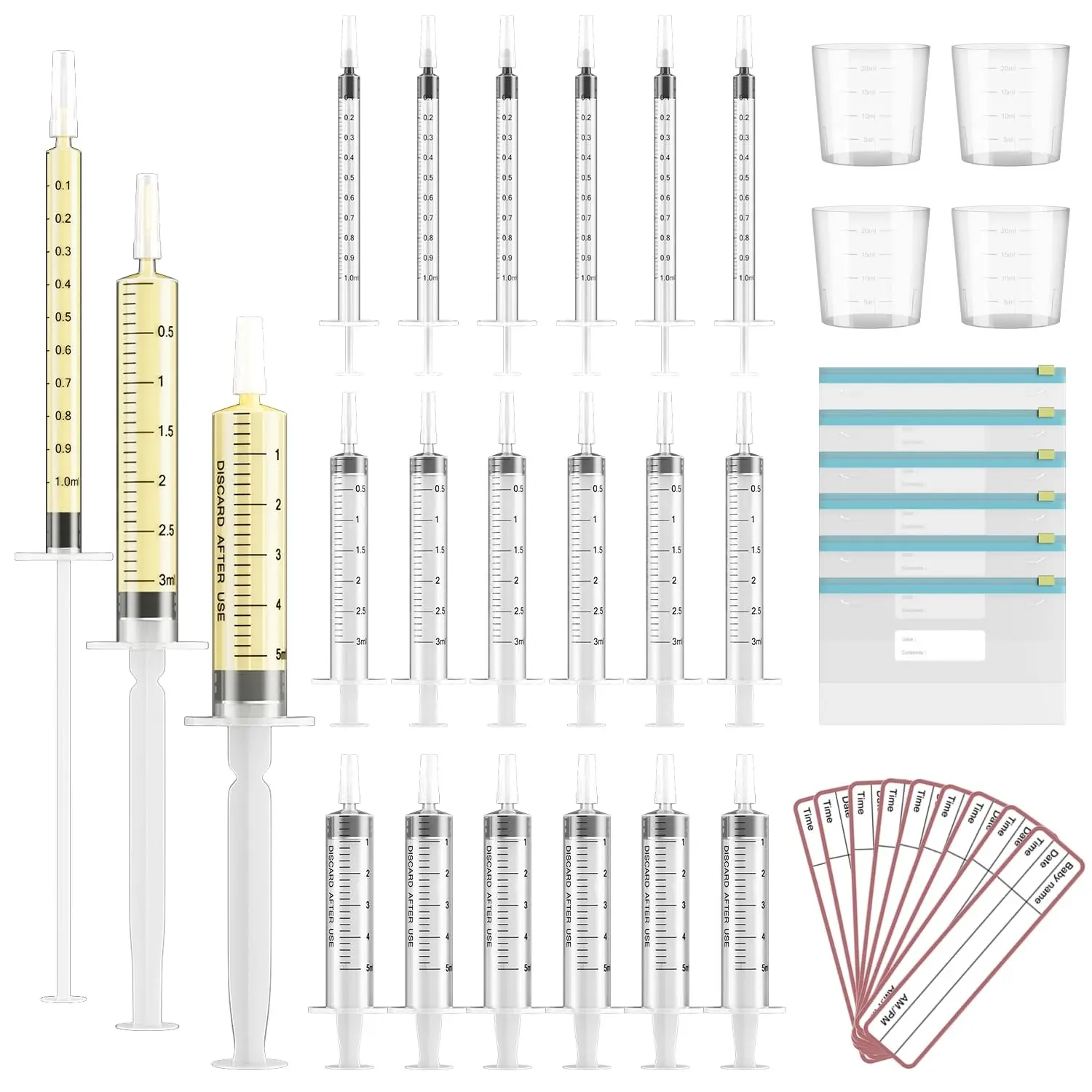 60 Sets Colostrum Collector Kit: Includes 20 x 1ml, 20 x 3ml, 20 x 5ml No-Needle Sterile Syringes with Caps, 4 Measuring Cups, 6 Resealable Storage Bags, 60 Labels for Breast Milk Collection(Gift)