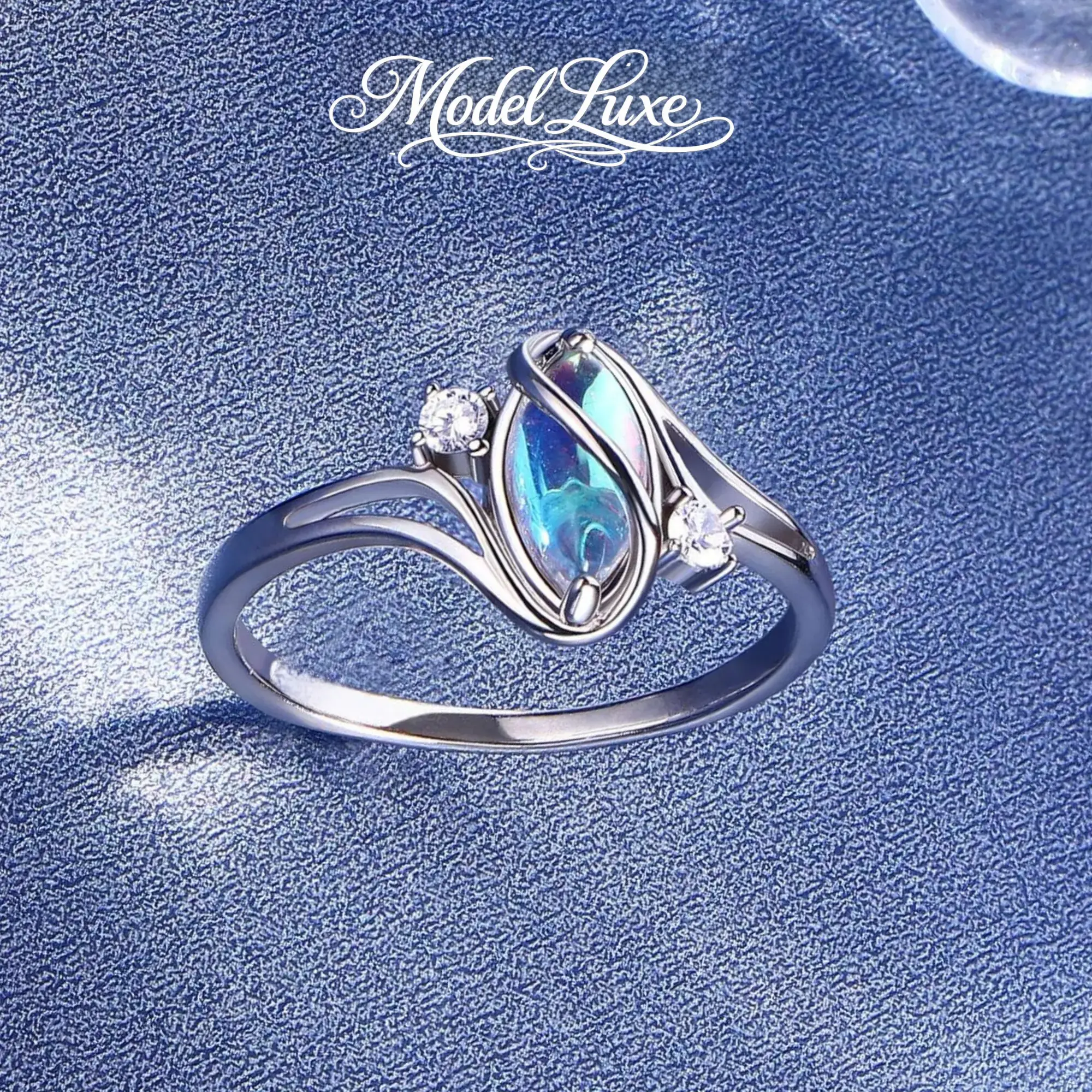 ModelLuxe S925 Silver Blue Oval Stone Ring for Women, Elegant Statement Jewelry with Clear Accent Stones, Adjustable Gift Ring for Her