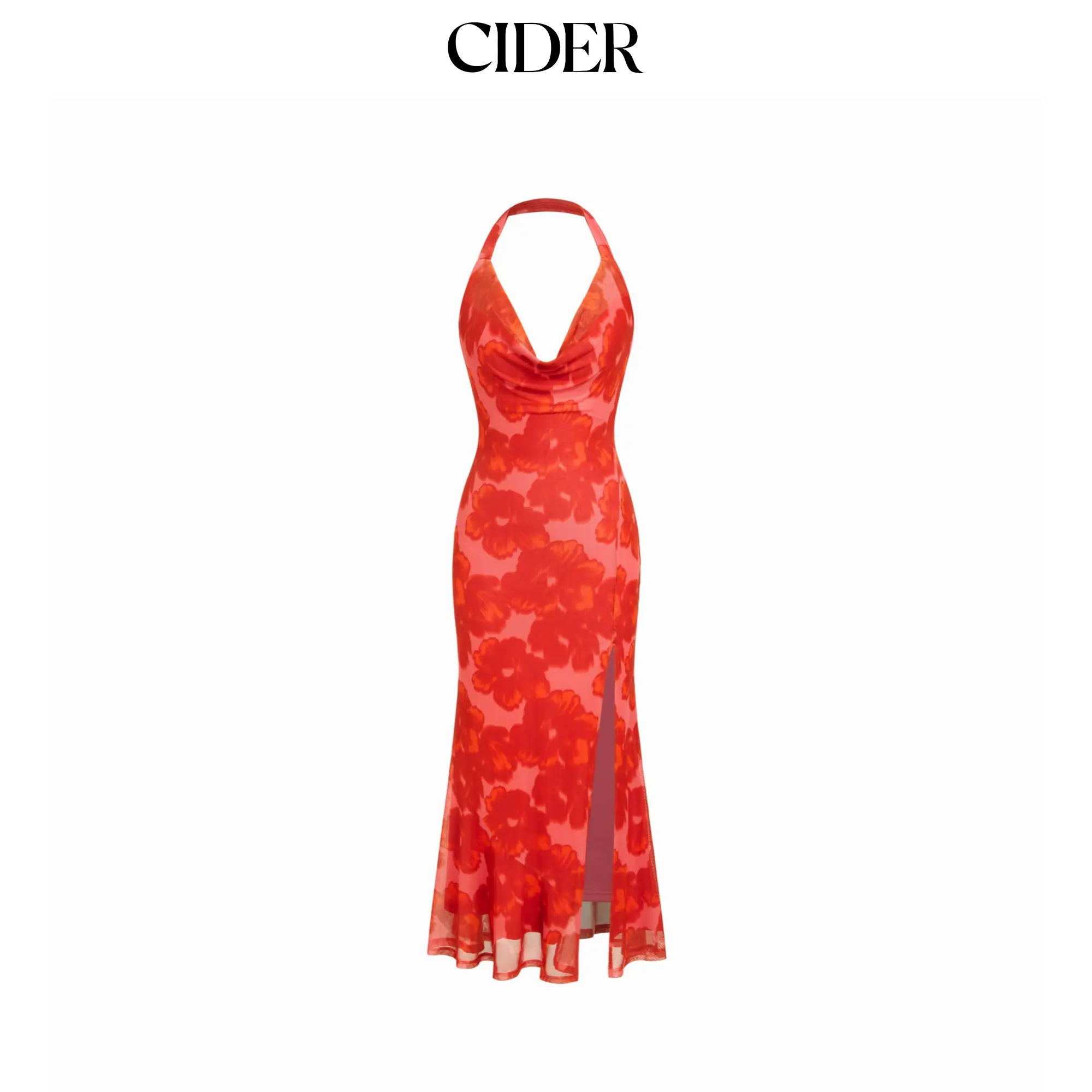 Cider Floral Mesh Halter Neck Asymmetrical Split Mermaid Maxi Dress