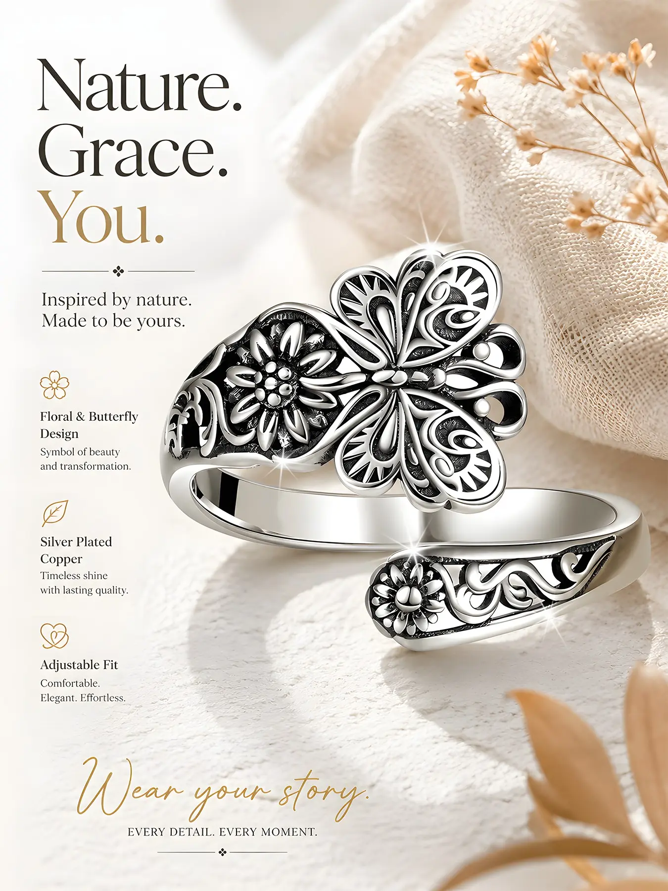 A vintage Bohemian 925 silver plated butterfly opening ring for women, Boho Style Rings, casual and fashionable, nickel-free, adjustable, anti-allergic, suitable for daily wear, perfect as a birthday gift for friends, jewelry