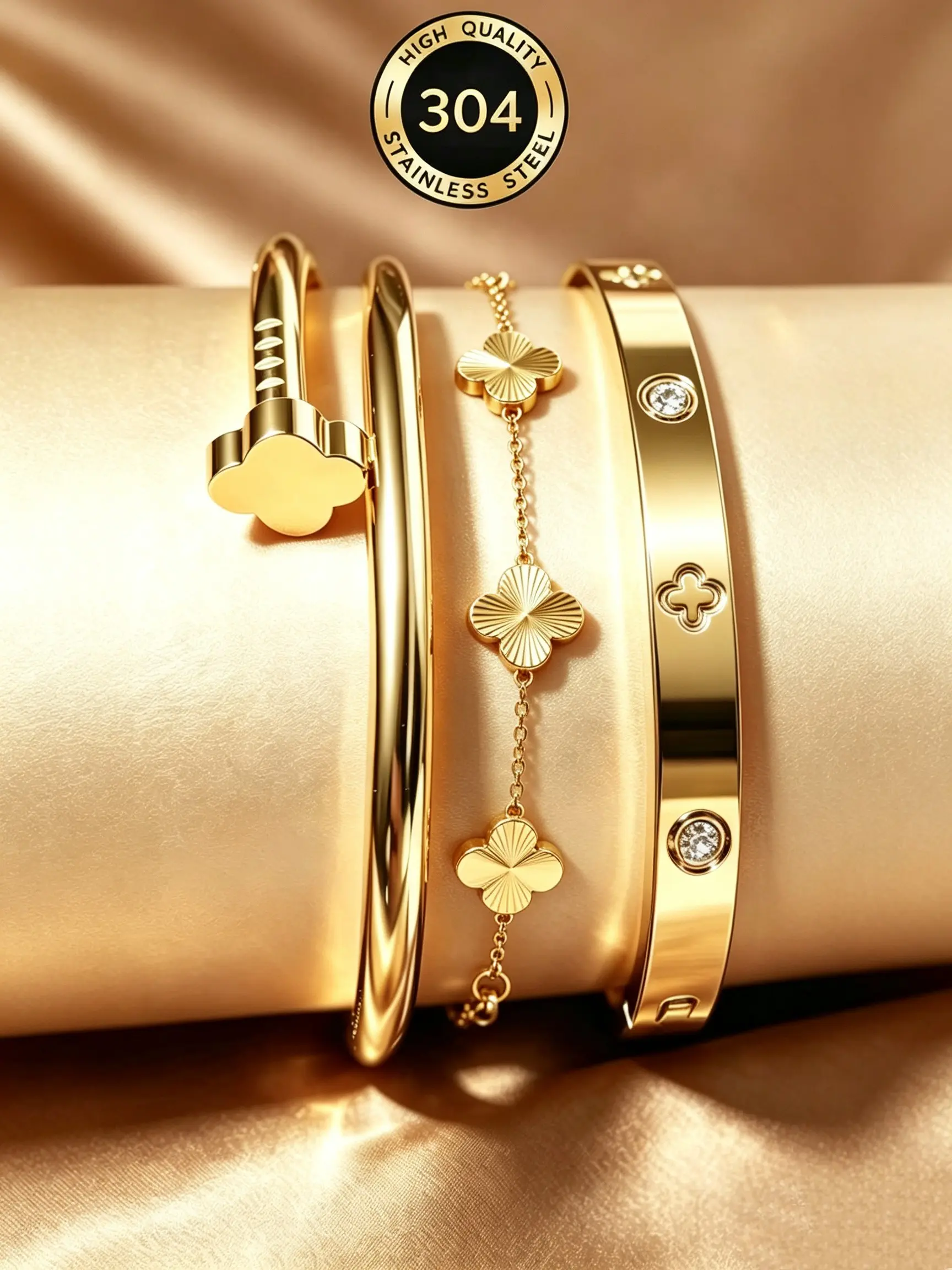 3 pcs European And American Luxury Stainless Steel Bracelet And Four-Leaf Clover Bracelet Set, 18K Gold Plated Rhinestone Studded Screw Design Bangle, Exquisite Bracelet, High-End Accessory For Women, Party Gift