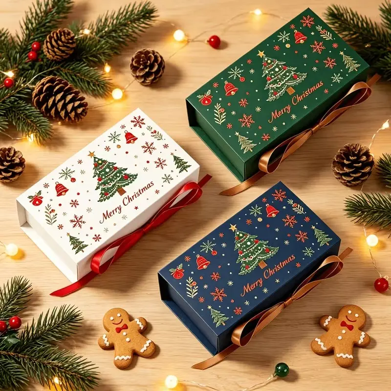 Christmas Gift Box with Ribbon, Snowflake Print Rectangular Luxury Candy Cookie Wrapper, Perfect for Holiday Chocolate Wedding Gifts