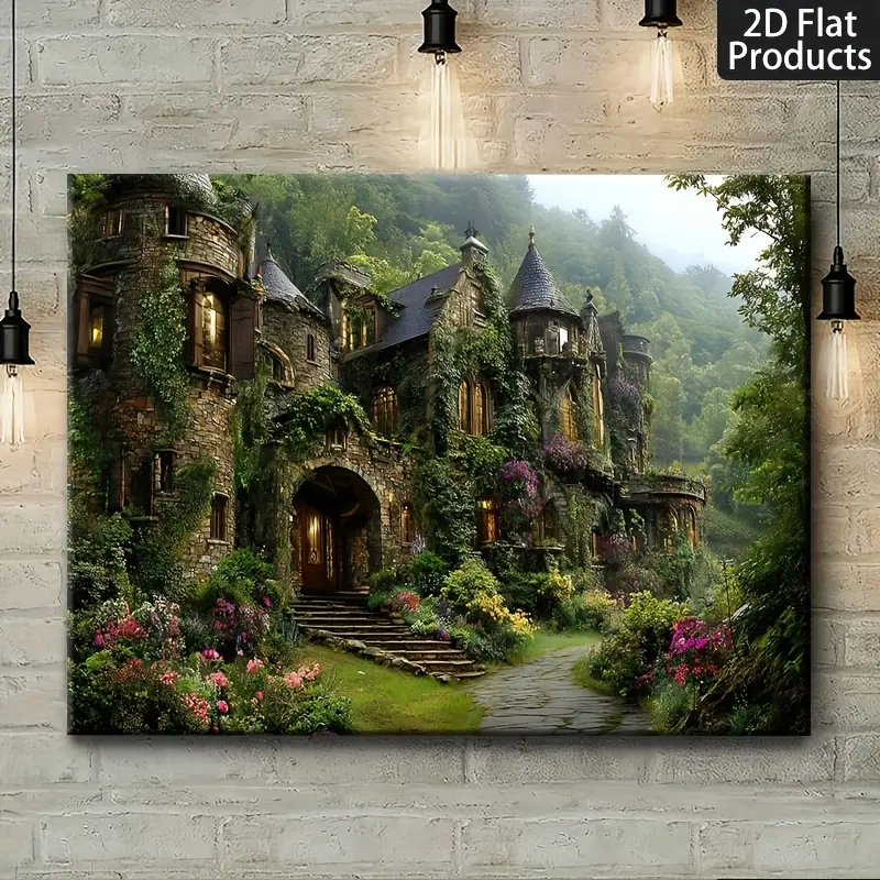 1Pc Historic Fantasy Castle Canvas Art - Artistic 2D Flat Medieval Abstract Poster, Multi-Size Home Decor with Hanging Feature - Ideal for Modern Living Room, Juneteenth & Marble-Houndstooth Themed Space Enhancement, Medieval Look