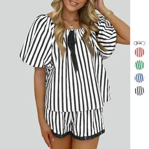 Imily Bela Womens Summer Striped 2 Piece Short Sets Short Puff Sleeve Scoop Neck Babydoll Blouse Vacation Lounge Sets