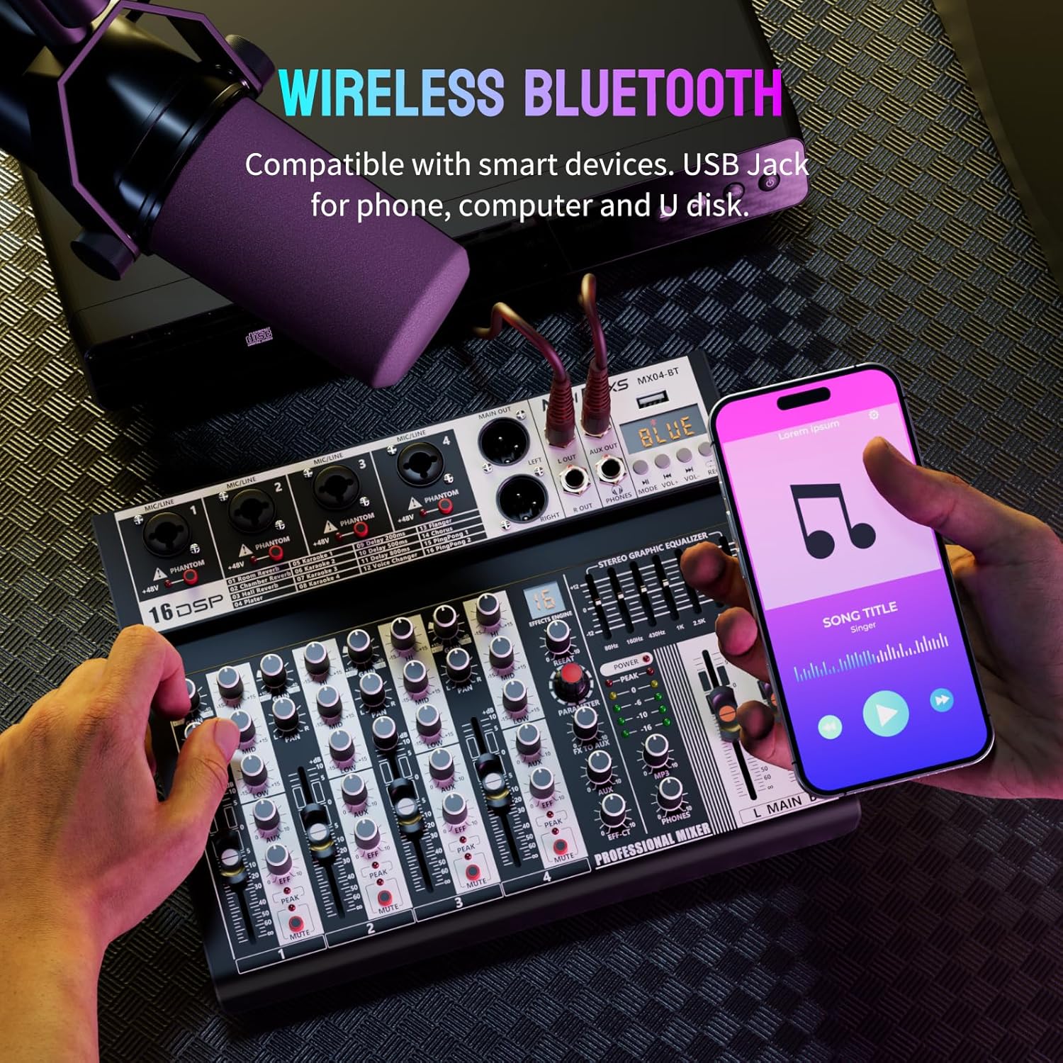 SUNDAY MIRTH Professional Audio Mixer, 4  Audio Interface Sound Board Mixing Console System ,  16-Bit DSP DJ  Mixer +48V Phantom Effect For Karaoke Studio Streaming Recording