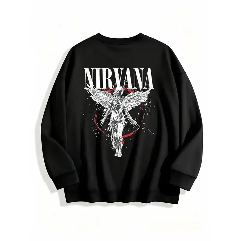 Unisex Grunge Crewneck Sweatshirt - Nirvana Fallen Angel Graphic Print, 280g-380g Heavyweight Longsleeve Pullover, Oversized Dark Fantasy Vintage Rock Streetwear, Black White Casual Sports Outerwear Gift, Tops for Women