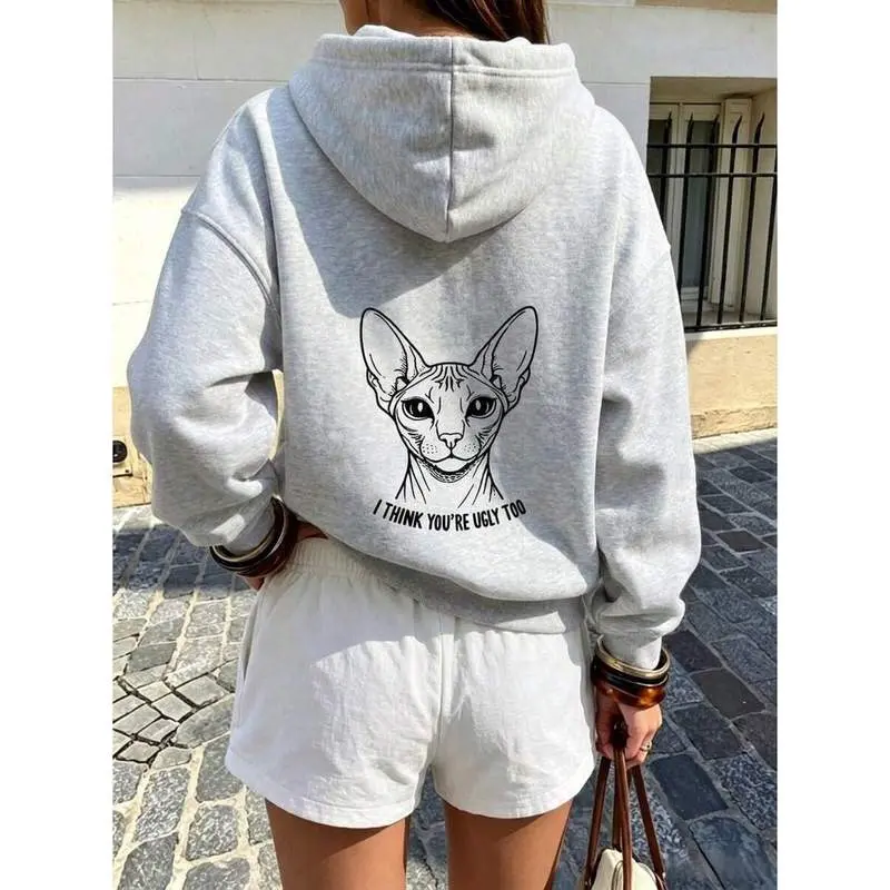 Fall/Winter Hoodie   Graphic Hoodies,Fall Outfit For Women,Hoodie With Cat Print And Pockets, Casual Long-Sleeve Sweatshirt Suitable For