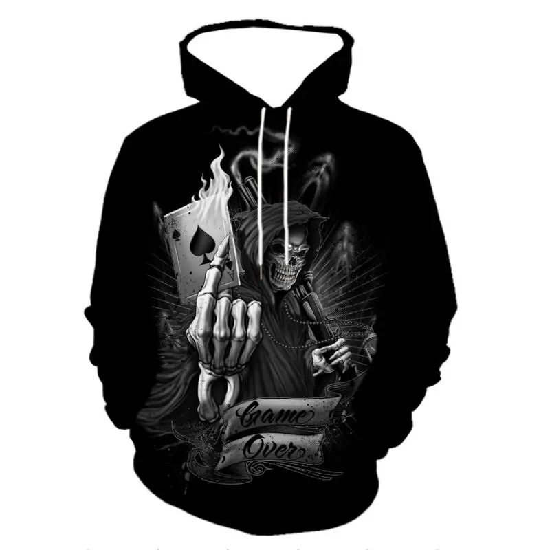 Plus Size Men's Pullover Sweatshirt with 3D Grim Reaper & Flaming Card Graphic, "Game Over" Slogan, Comfort Fit Hoodie