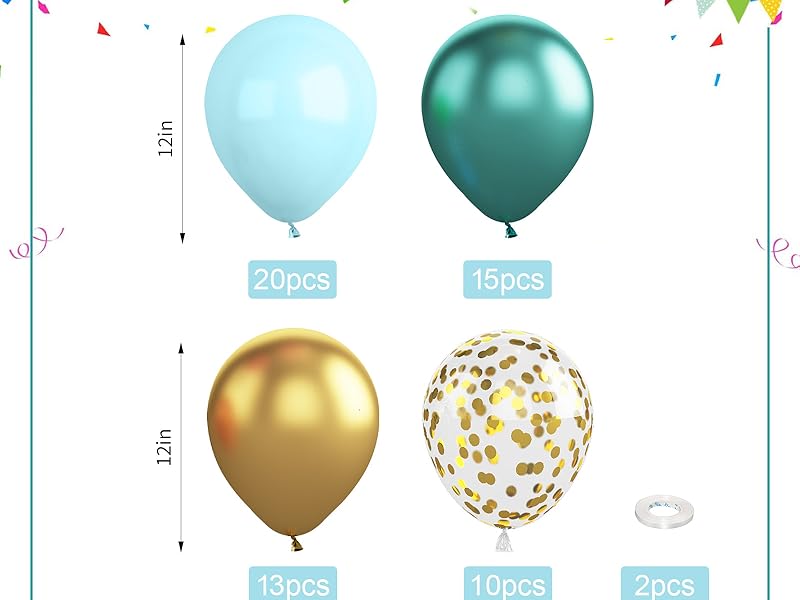 Teal Balloons,60 Pcs 12 Inches Metallic Green and Gold Blue Balloons with Confetti Balloons for Birthday Baby Shower, Jungle Theme Party Balloons,Wedding Decorations Supplies