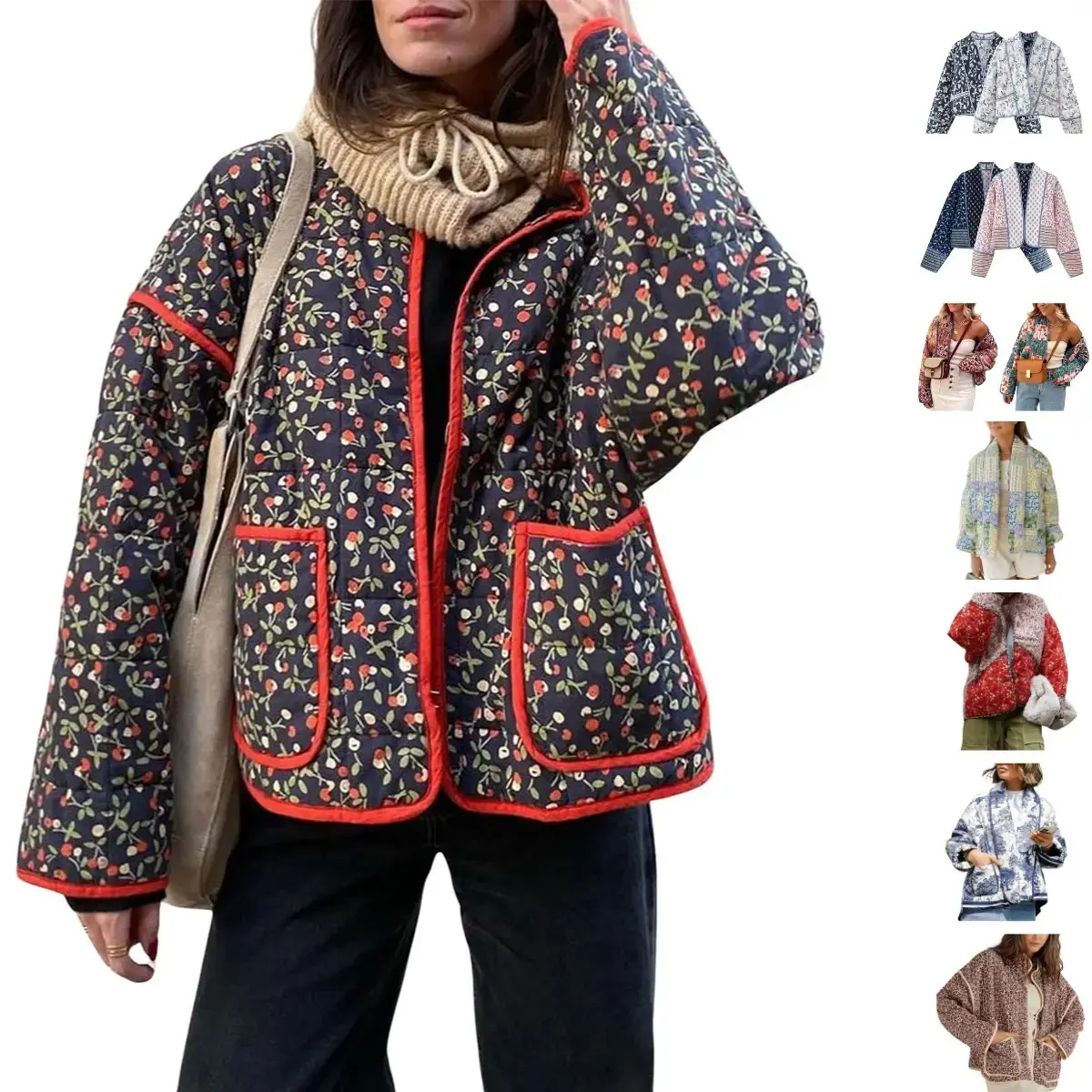 Women's Vintage Y2K Cropped Floral Quilted Jacket Printed Casual Lightweight Open Front Padded Puffer Coat