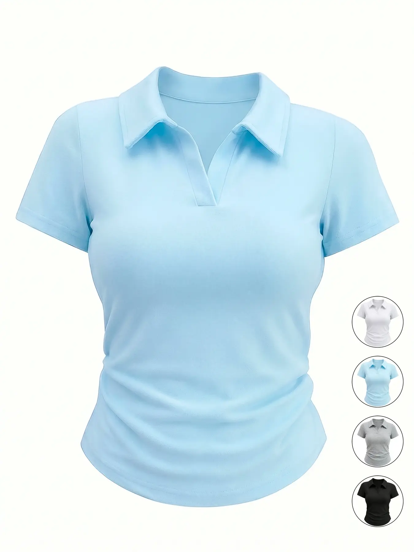Women's Casual Everyday Basic Versatile Solid Color Polo Collar Pleated Slim Fit Stretch Short Sleeve T-Shirt, Comfortable and Stylish Daily Wear Top