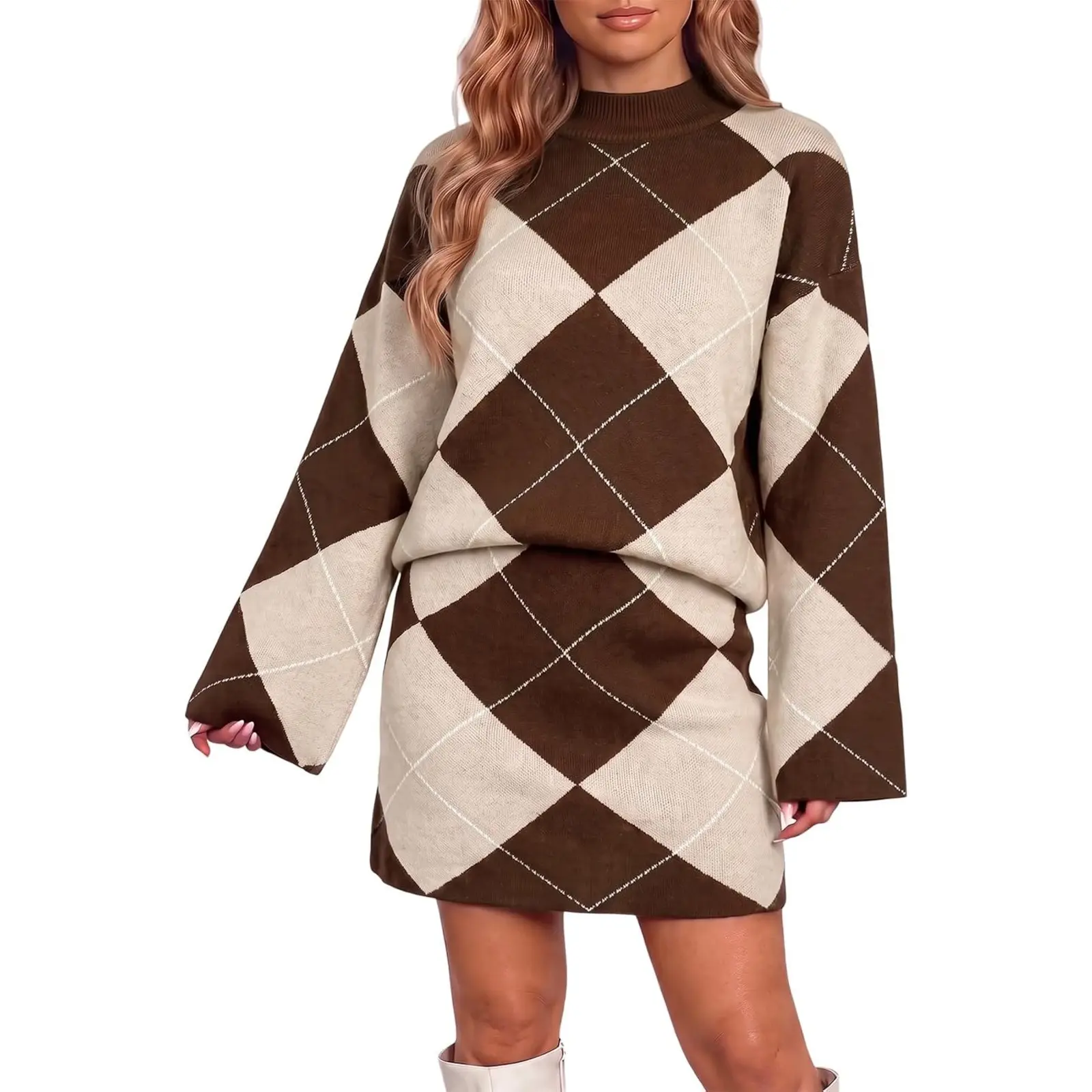 Wenrine Womens 2 Piece Outfits Argyle Casual Loose Fall Sweater Skirt Sets | Long Sleeve, Argyle Pattern, Plaid, Funnel Neck, Elastic High Waist, Mini Skirt Sets, Fall Winter, Knit Fabric, Loose Fit