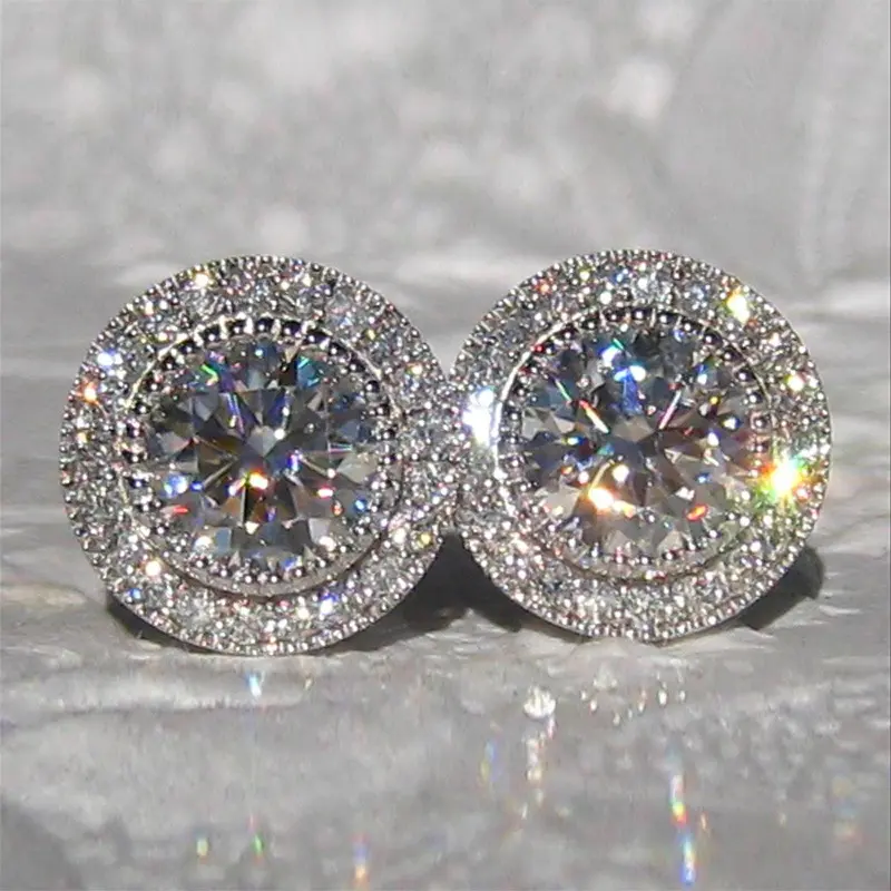 Women's Elegant Round Double Halo Stud Earrings, Sparkling Full-Paved Zircon Inlaid Simulated Diamond Jewelry, Classic Luxury Accessory for Wedding Party & Daily Wear, Ideal Birthday Gift for Ladies