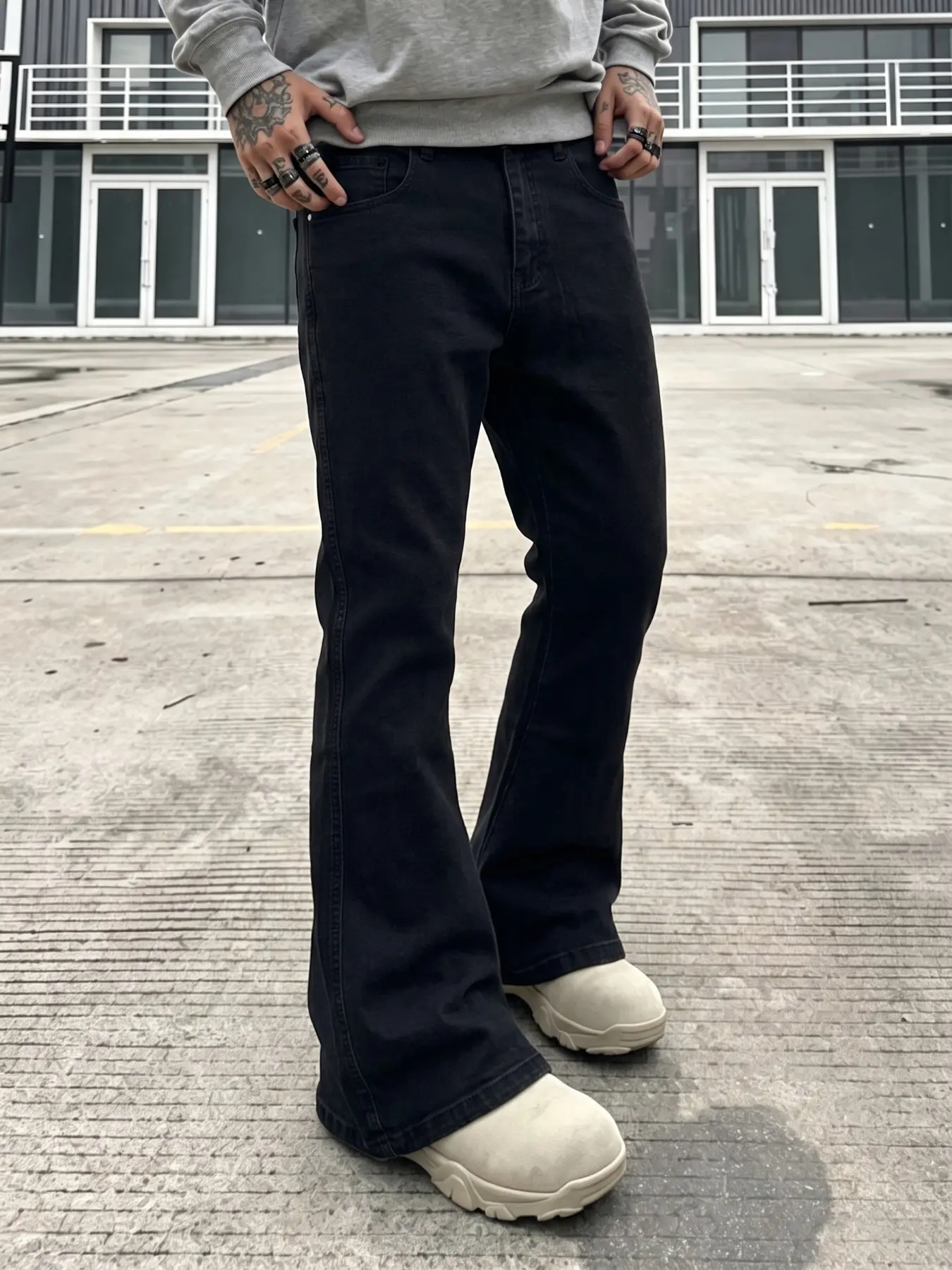 Men's Jeans, American Street Style Straight Leg Flare Pants, Plain Loose Fit Wide Leg Bell Bottoms, Non-Elastic Daily Wear, Casual Streetwear Jeans