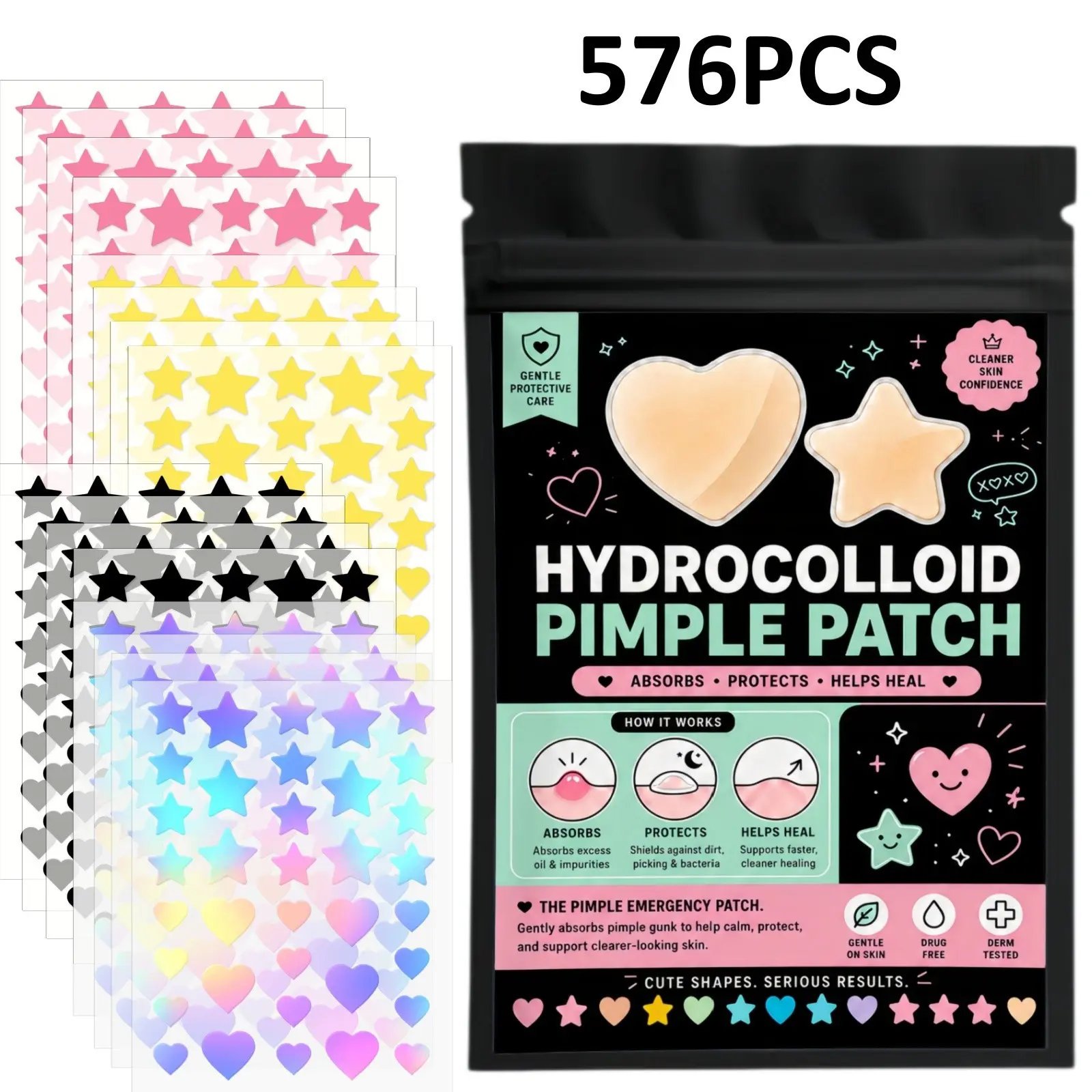 576 Pcs Cartoon Acne Patches, High-Quality Formula, Covers Blemishes, Deep Cleansing, Suitable for All Skin Types, Facial & Body Use, Acne Pimple Patches