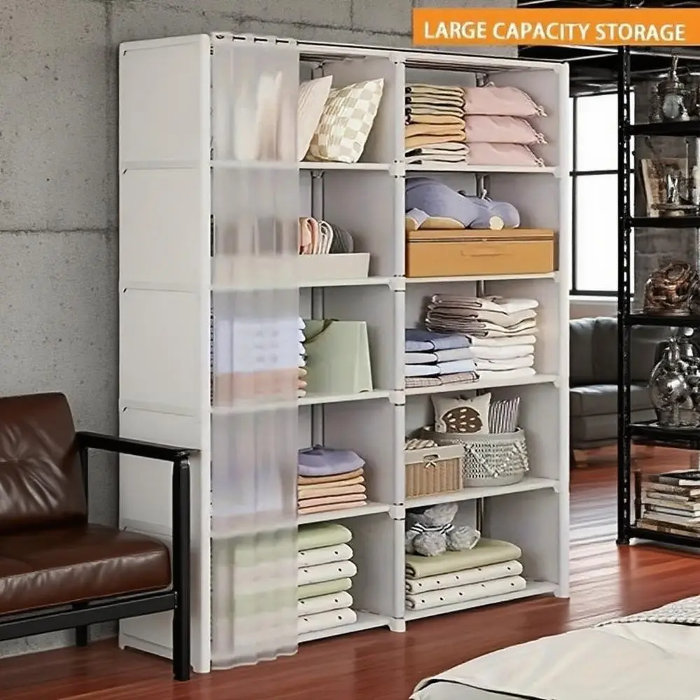Floor-Standing Clothes Storage Cabinet with Thick Dust-Proof Curtain, Home Bedroom Dual Row Layered Organizer, Stable Multi-Functional Shelving Unit