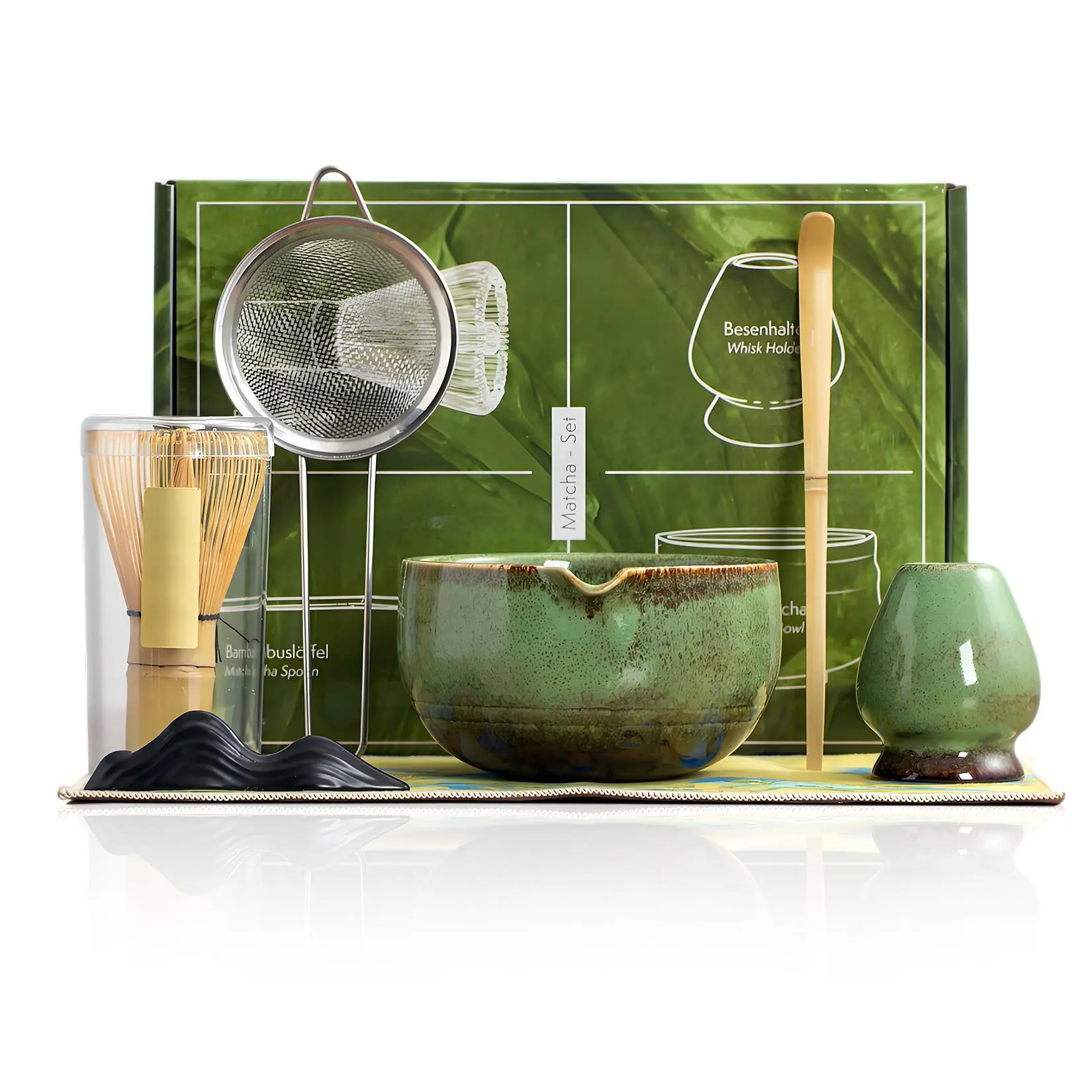 GARVEE 7-Piece Matcha Tea Set with Ceramic Bowl, 100-Prong Bamboo Whisk, Whisk Holder, Scoop, Rest, Sifter, Tea Towel, CHADO Whisking Guide – Handcrafted Eco-Friendly Design in Green
