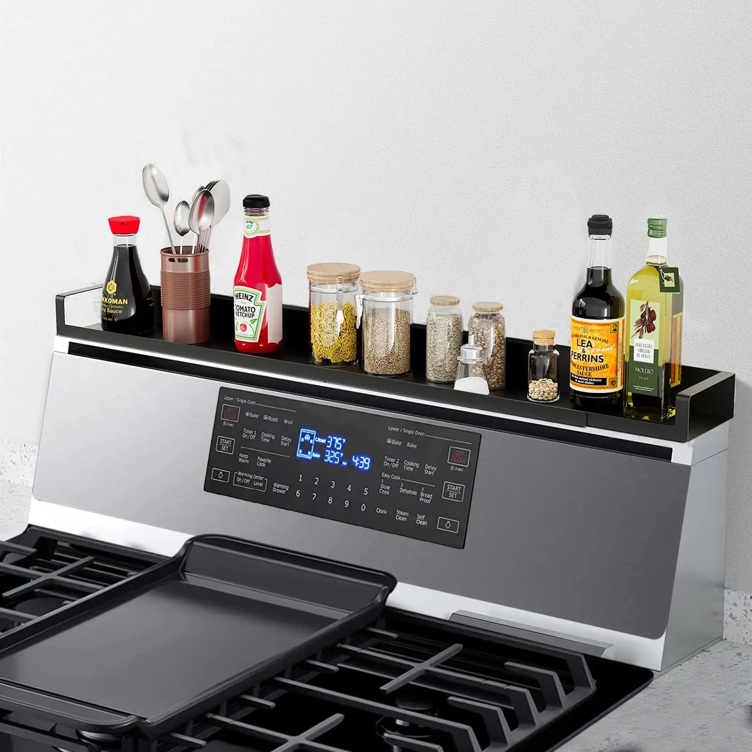 Matte Black Adjustable Stove Top Rack, 15-30 Inches Smooth Minimalist Kitchen Organizer, Synthetic 4X Shelf That Fits Varies Stove Lengths for Spices, Condiments, BBQ Sauces, Solid Matte