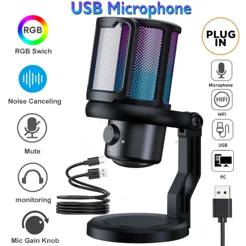 USB Gaming Microphone with RGB Lights, Quick Mute, Desktop Stand, Pop Filter, Shock Mount, for PC, Ps4, Ps5, MAC, Podcasts, Live Streaming, Recording, Computer Gaming Mic