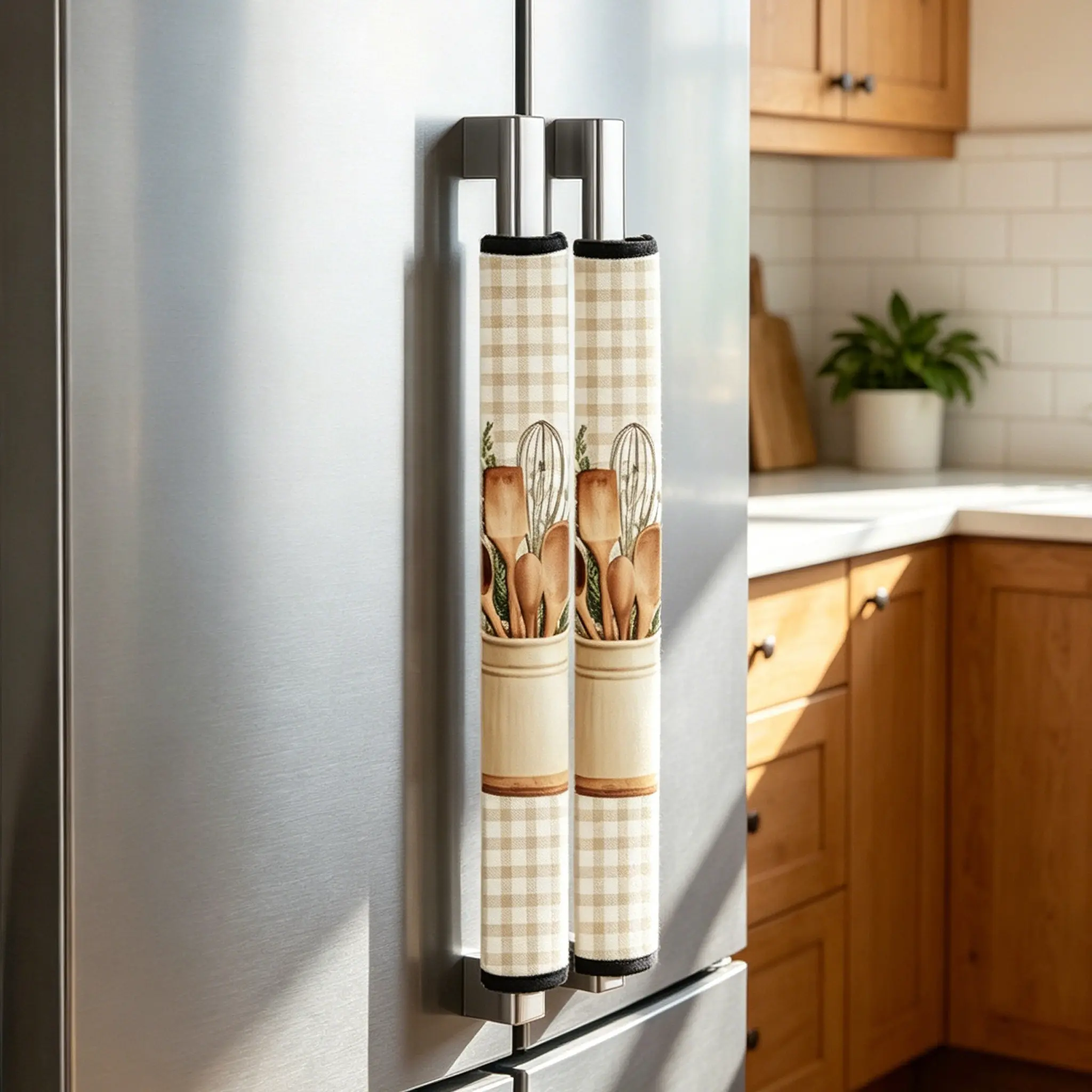 2-Piece Microwave & Refrigerator Handle Covers Set, Plaid Stripes & Utensil Patterns, Kitchen Appliance Handles Decor, Dust Cover