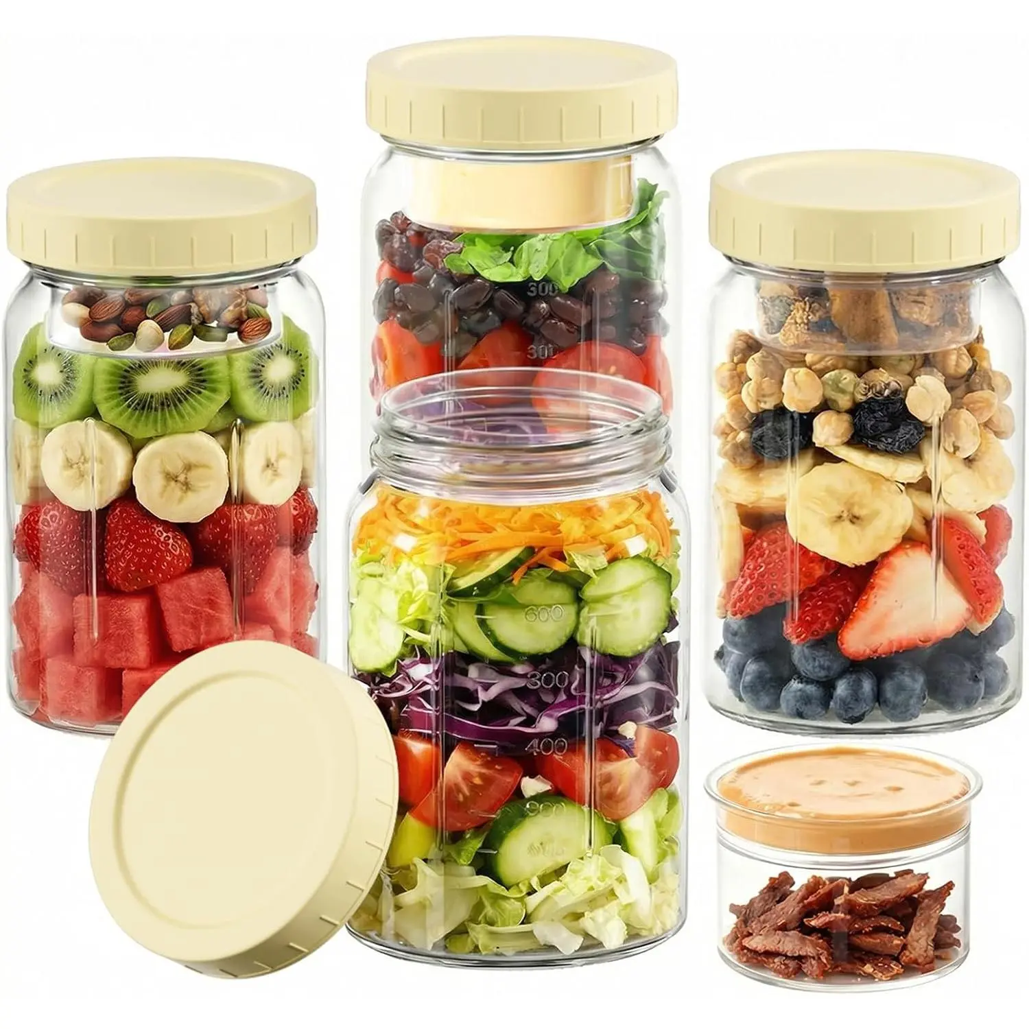 4 Pack Salad Jars with Dressing Container -32OZ Glass Salad Leakproof container for  Lunch with 2 -In Compartments for Wet/Dry Separation, Mason Jar Salad Containers