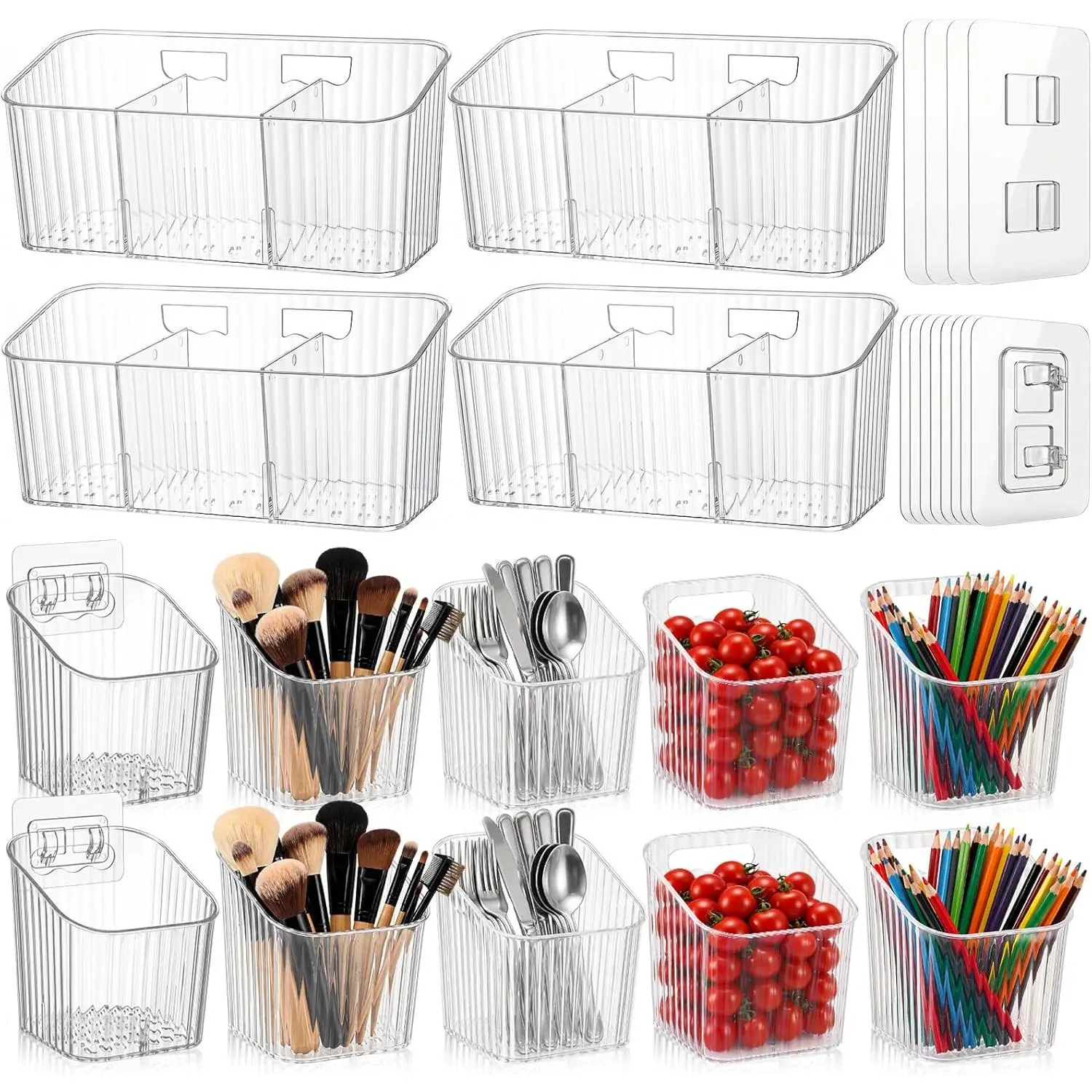 14 Pack Cabinet Door Organizer Adhesive Wall Mount Storage Bins Makeup Containers Stackable Organizer Basket for Kitchen Cabinets, Bathroom, Pantry, Office, Refrigerator (Frosted Clear)