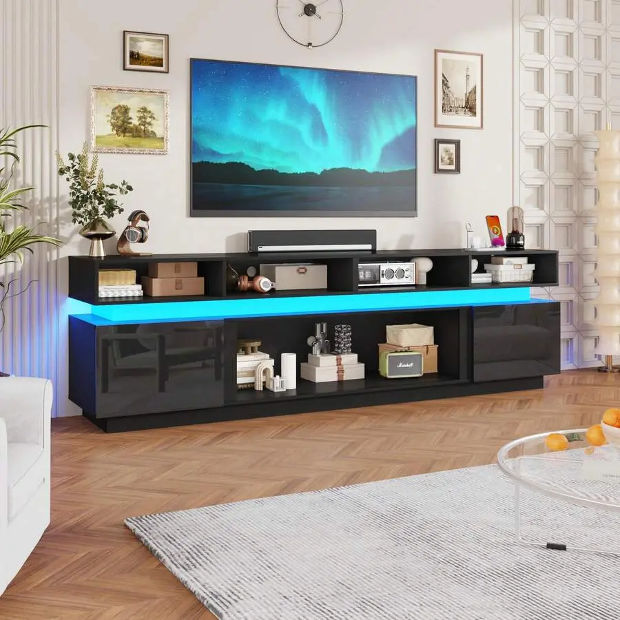 LED TV Stand 100 Inch TV, Modern Tall Entertainment Center With Power Outlets, Gloss TV Stand, Gaming TV Media Console Living Room, 93 Inch