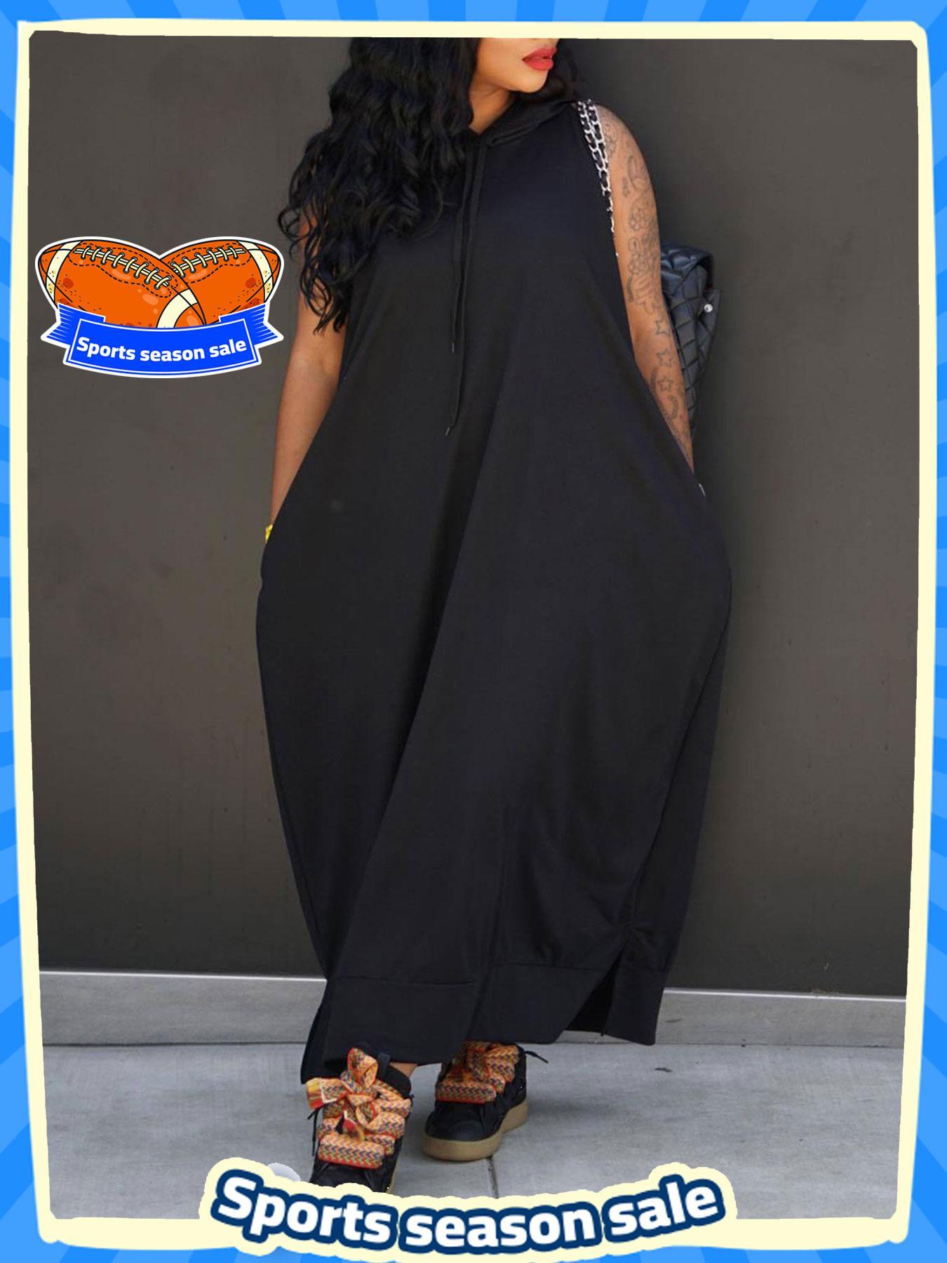 Women's Solid Jersey Drawstring Hooded Loose Dress, Casual Sleeveless Long Dress for Summer, Women's Clothing for Daily Wear