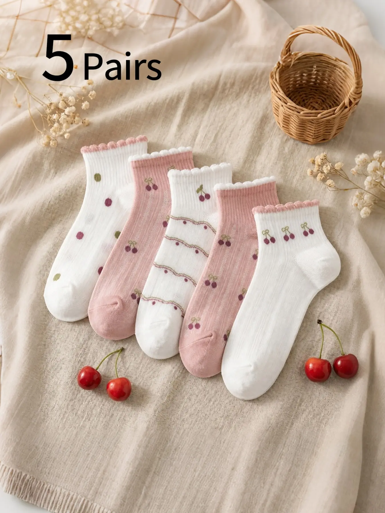 5 Pairs Women's Cherry Bubble Edge Ankle Socks, Sweet Girl Short Socks, Comfortable Breathable, Casual Fashion