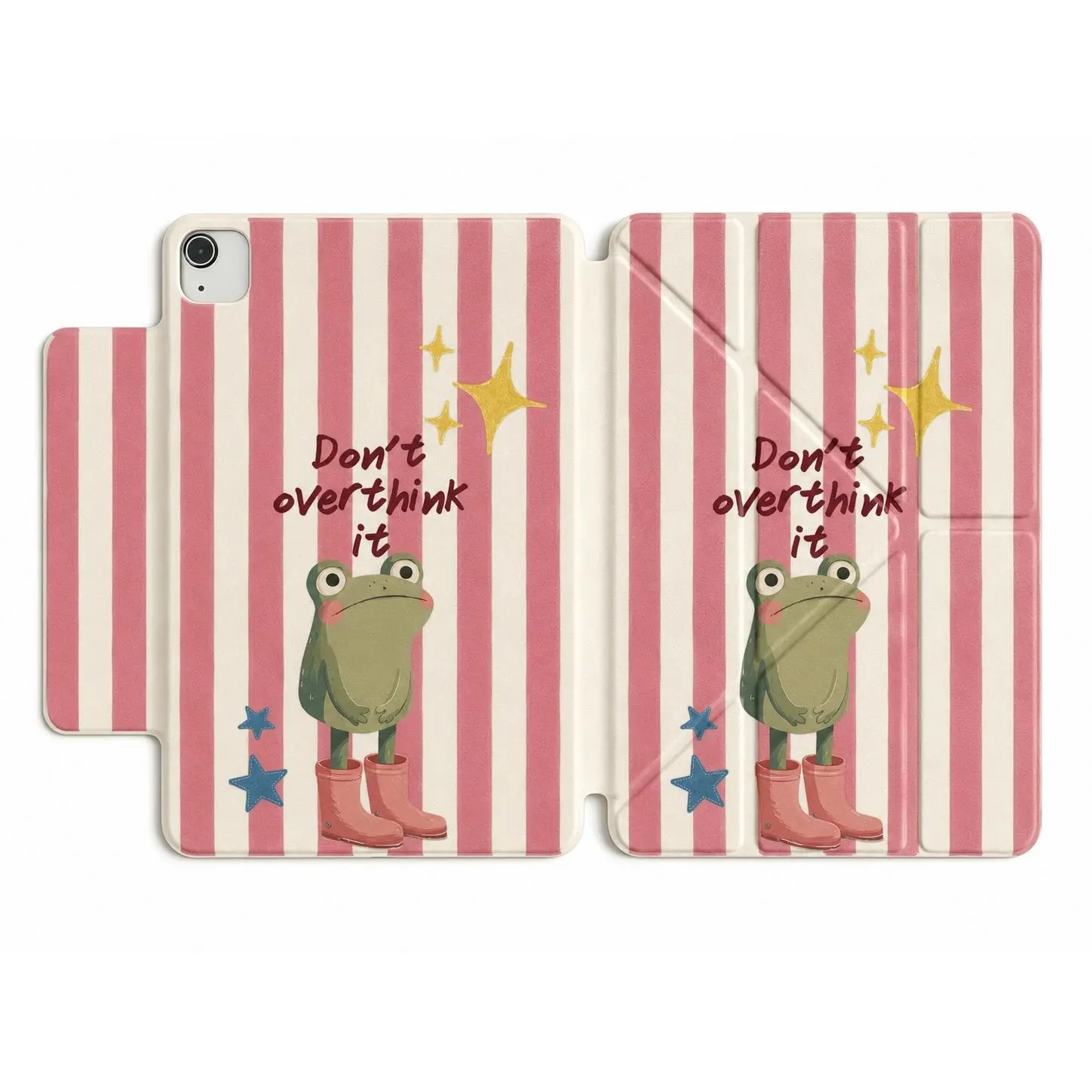 DarlingCase Funny Frog Magnetic Shockproof iPad Case - Pink Striped "Don't Overthink It" Graphic, Detachable 360° Rotatable Cover with Pencil Holder, Y-Fold Stand for iPad A16, Air, Pro 11/13, Mini 6/7 Tablet Accessories