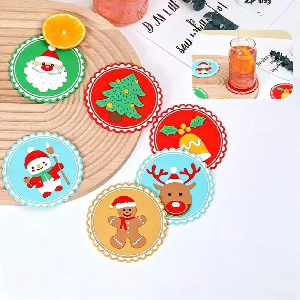 6 Piece Silicone Heat Resistant Cup Mats, Christmas Series Non-Slip Insulating Pads, Home Dining Table Mats, Kitchen Pot Pads