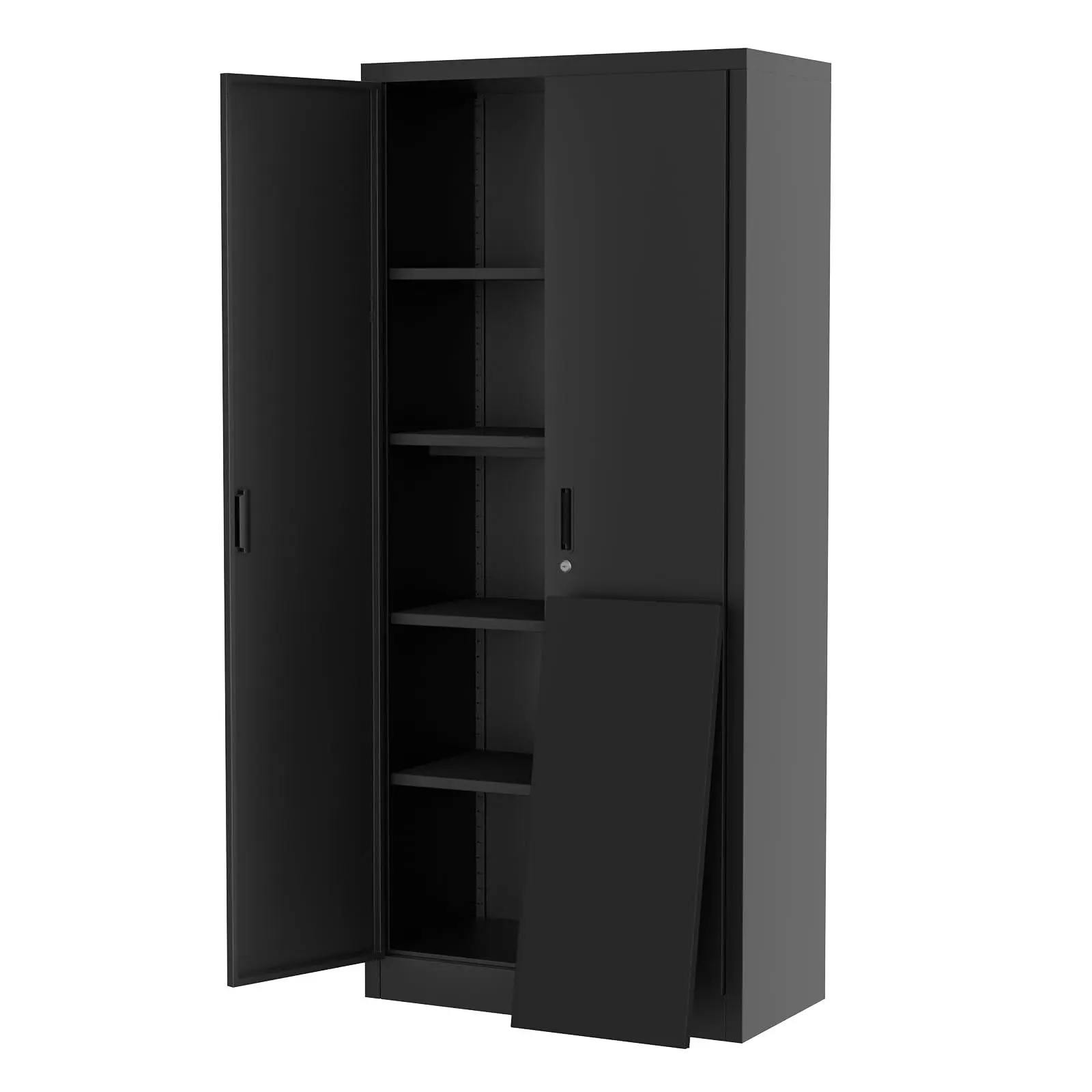 71" Metal Storage Cabinet with Doors and Lock, Tall Steel Pantry Cabinet, 4 Adjustable Shelves, Storage Organizer for Garage, Office, Kitchen, Craft Room, Laundry, Black Cabinet with Adjustable Feet