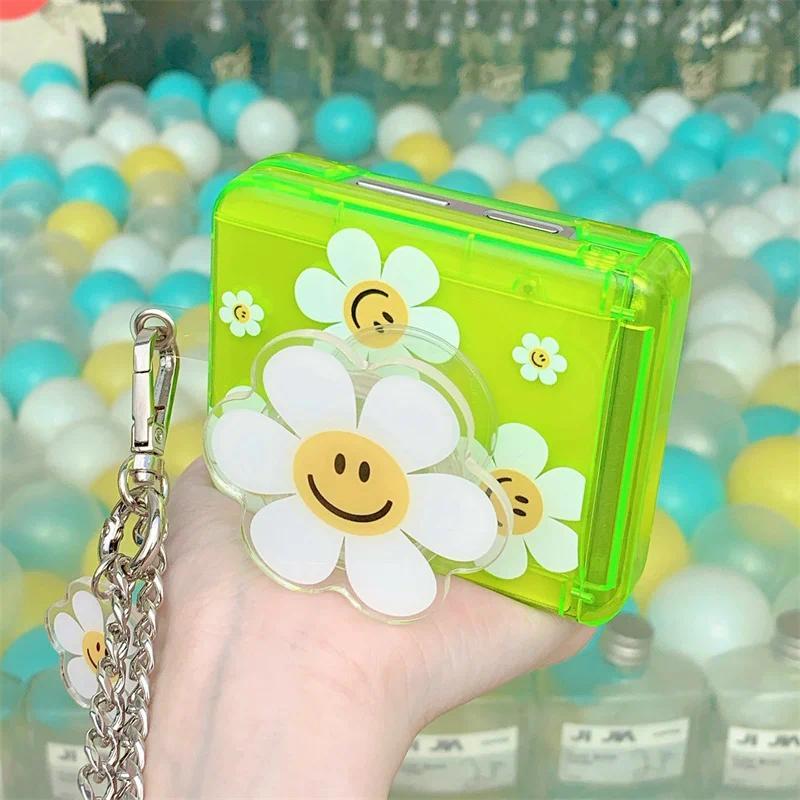 Phone Case For Samsung Galaxy Z Flip 7 FE 6 5 4 3 Fluorescent Green Insert Cards Cute Flower Stand Bracelet Shockproof Cover